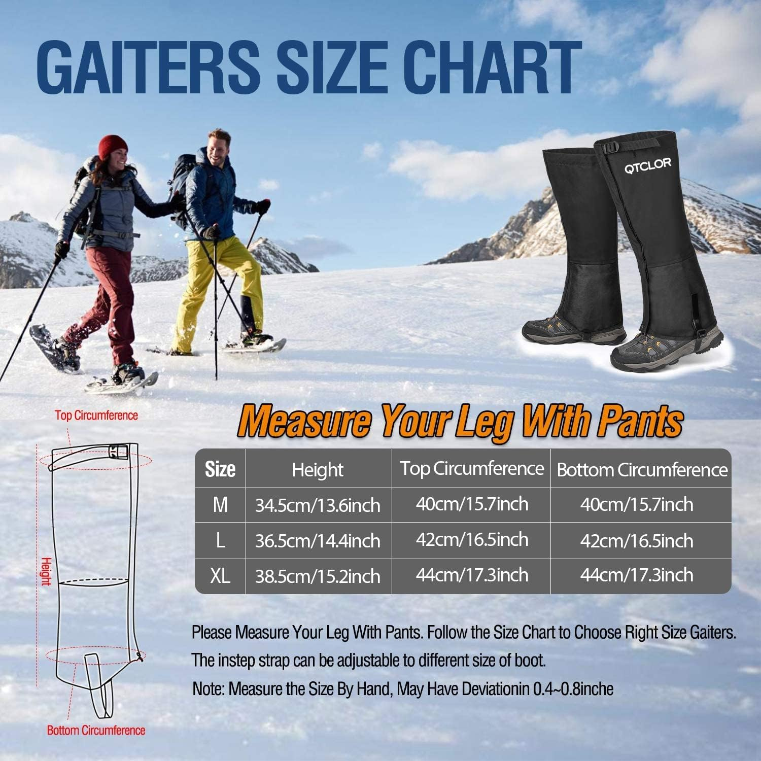 QTECLOR Leg Gaiters Waterproof Snow Boot Gaiters for Snowshoeing, Hiking, Hunting, Running, Motorcycle Anti-Tear Oxford Fabric, TPU Instep Belt Metal Shoelace Hook for Outdoor image number 2