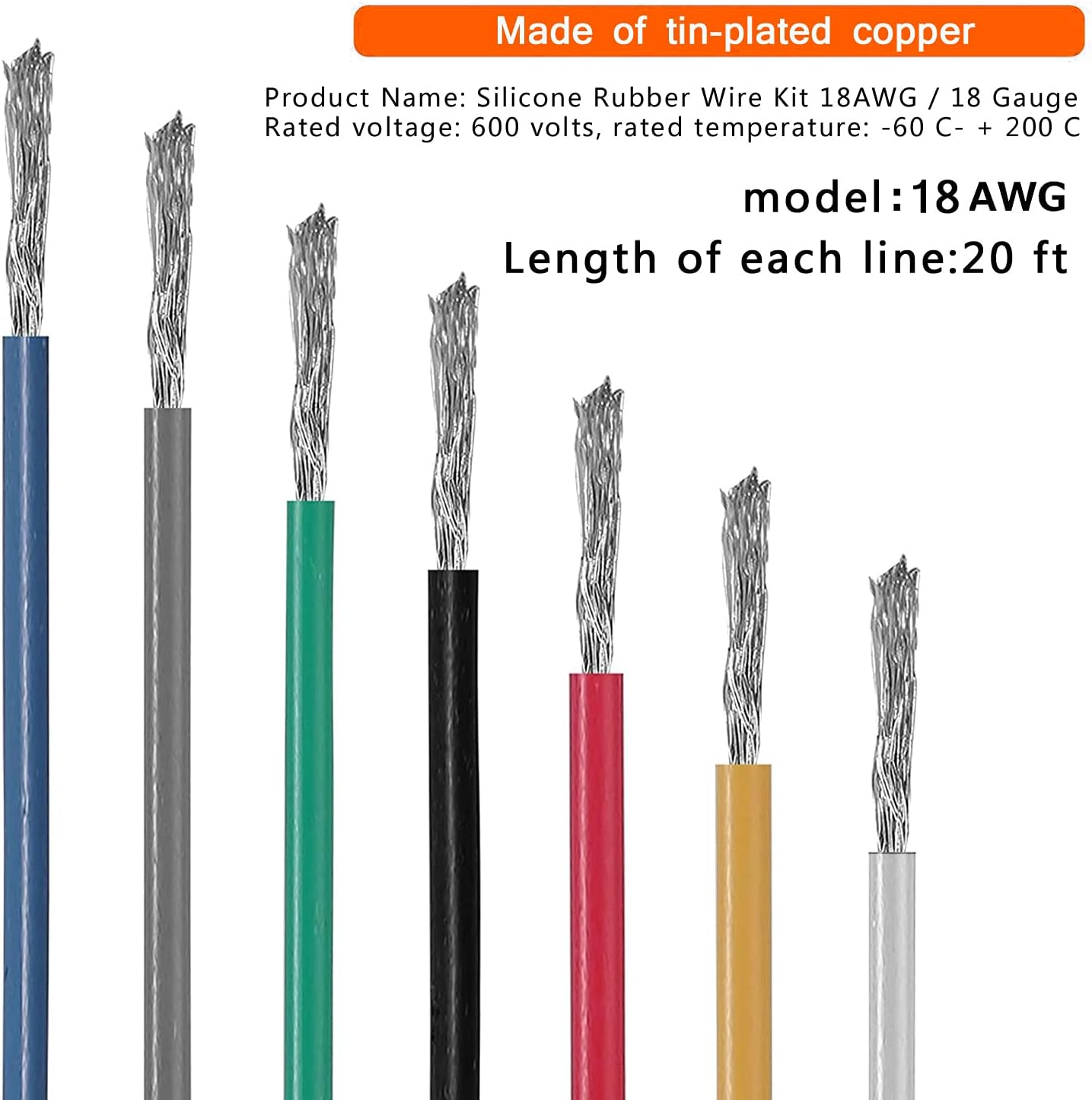 18AWG Flexible Silicon Cable - 7 Colors Electrical Wiring Kit, 7X20 Ft Spool, Heat Resistant Thick Solid Wire, DIY Easy to Work, Tin Plated with Tool Accessories image number 2