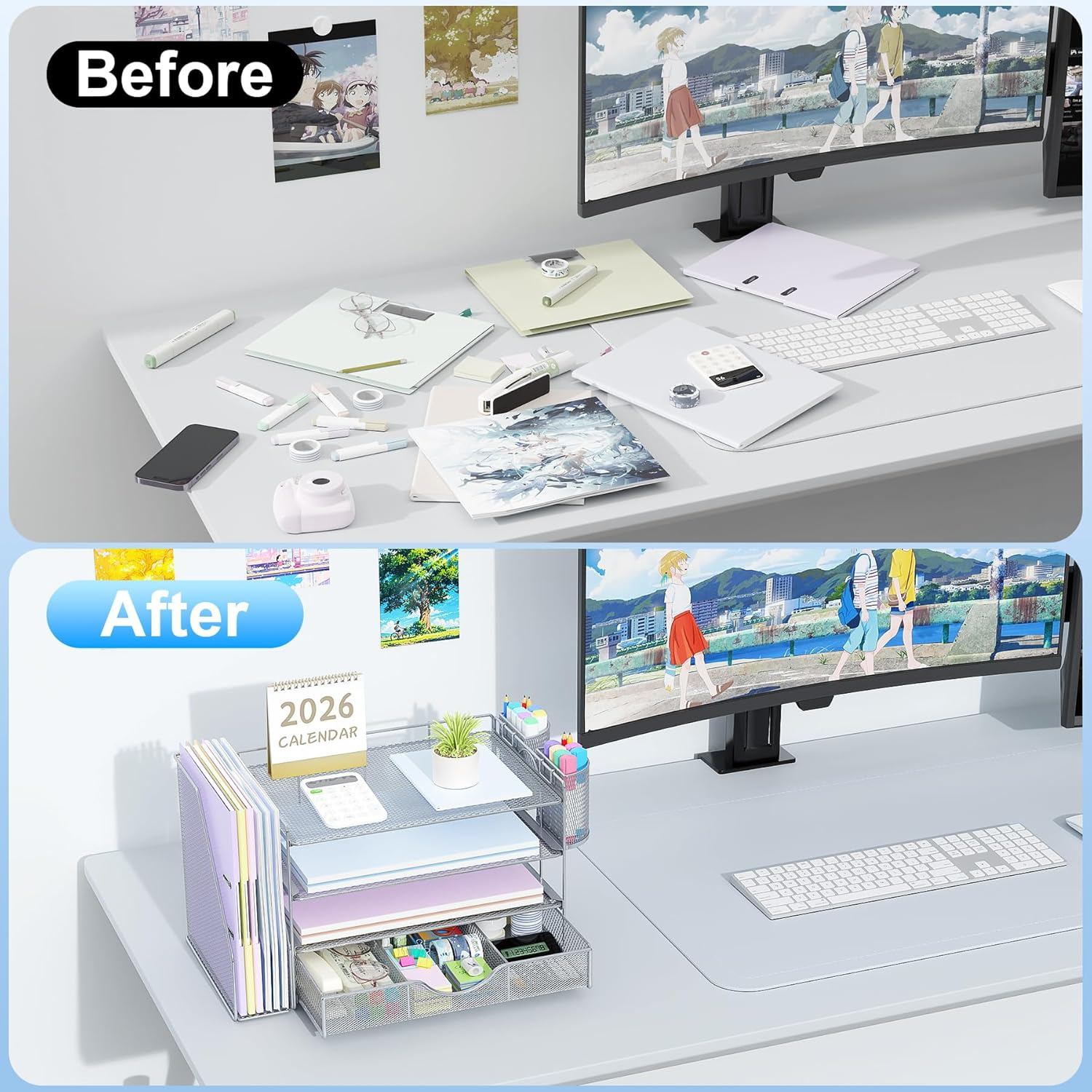 Gianotter Paper Organizer with File Holder for Desk, 4 Tier Letter Tray Office Desk Organizers and Accessories - Workspace Organizers with Drawer and 2 Pen Holder for Office Supplies (Grey), 4T-2 - Blue image number 3