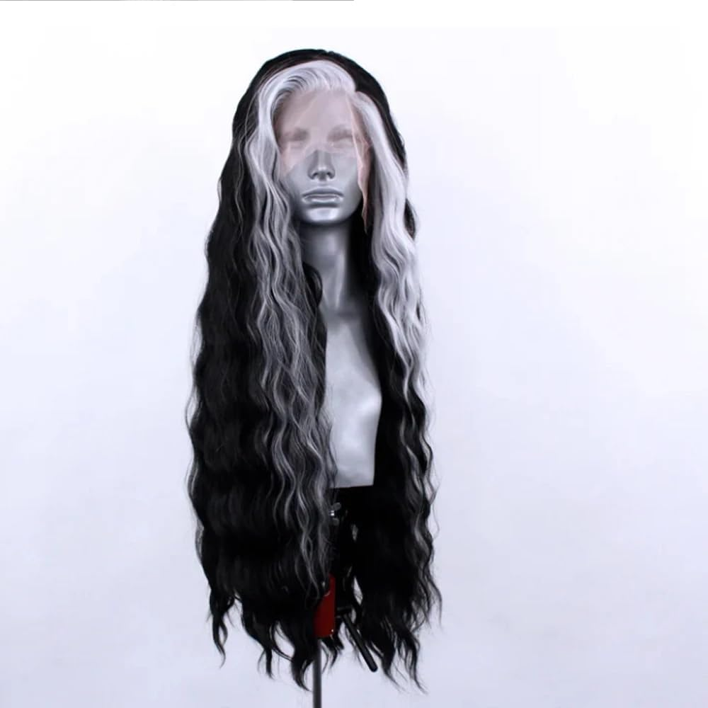 ELESTY Highlights Synthetic Lace Front Wigs Free Part Long Curly Black Mixed White Hair Heat Resistant Natural Hairline Glueless Lace Wigs for Women Daily - Cr1Bh10 image number 6