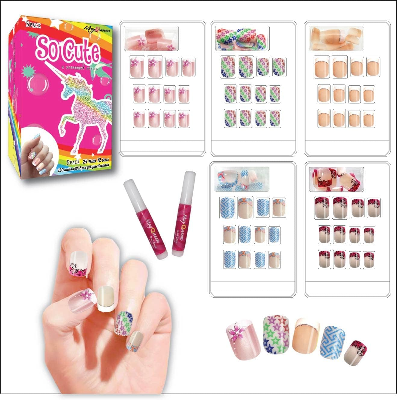Mayqueen 120 PCS 5 Pack Children Artificial Fake Nails with Two Glues Full Cover False Nail Kits for Kids (So Cute) image number 4