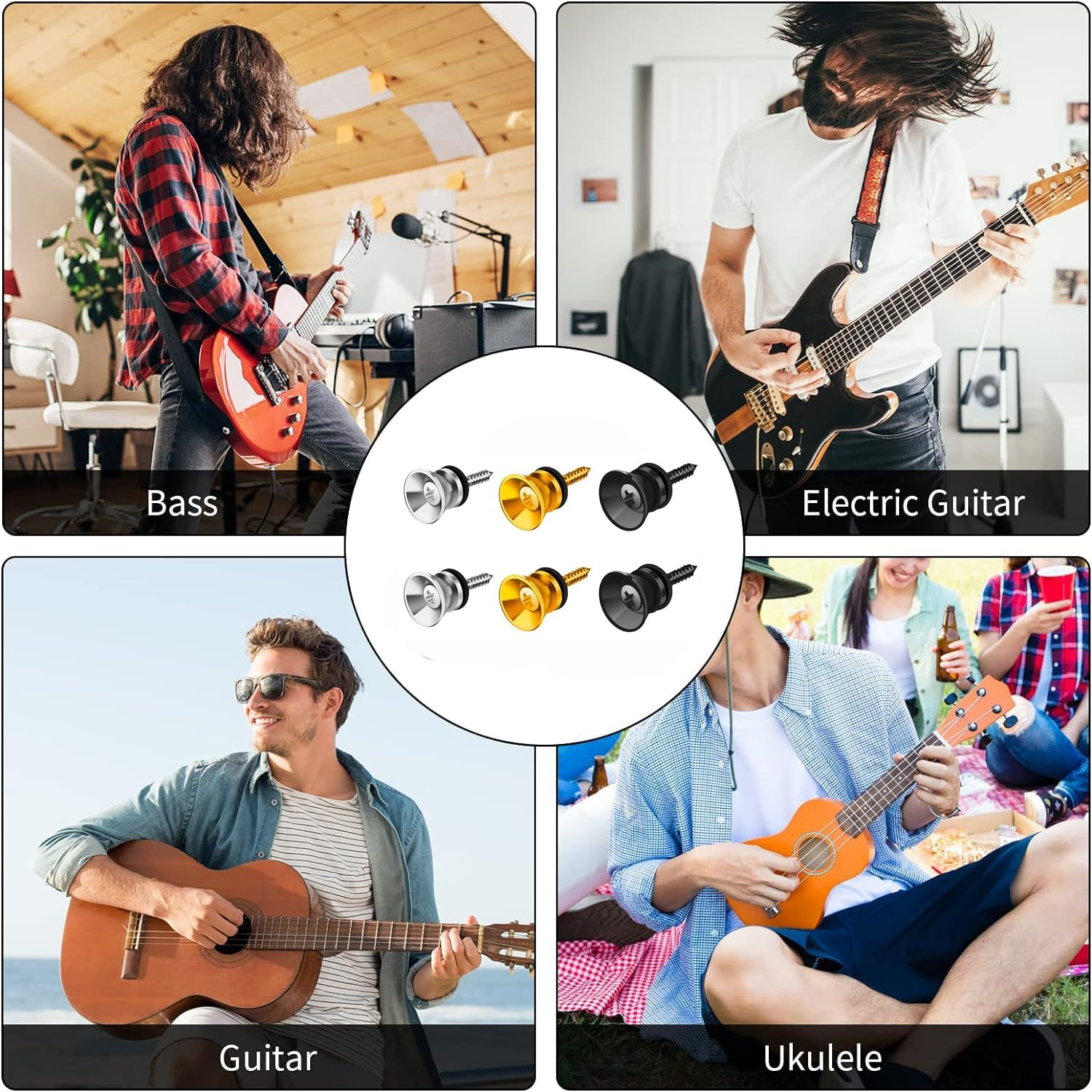 6 Pcs Guitar Strap Buttons Lock Pins, Guitar Metal Strap Buttons, Guitar Strap Locks Metal End Pins Flat Head for Acoustic Guitar, Electric Guitar, Bass, Ukulele(Gold, Silver, Black)