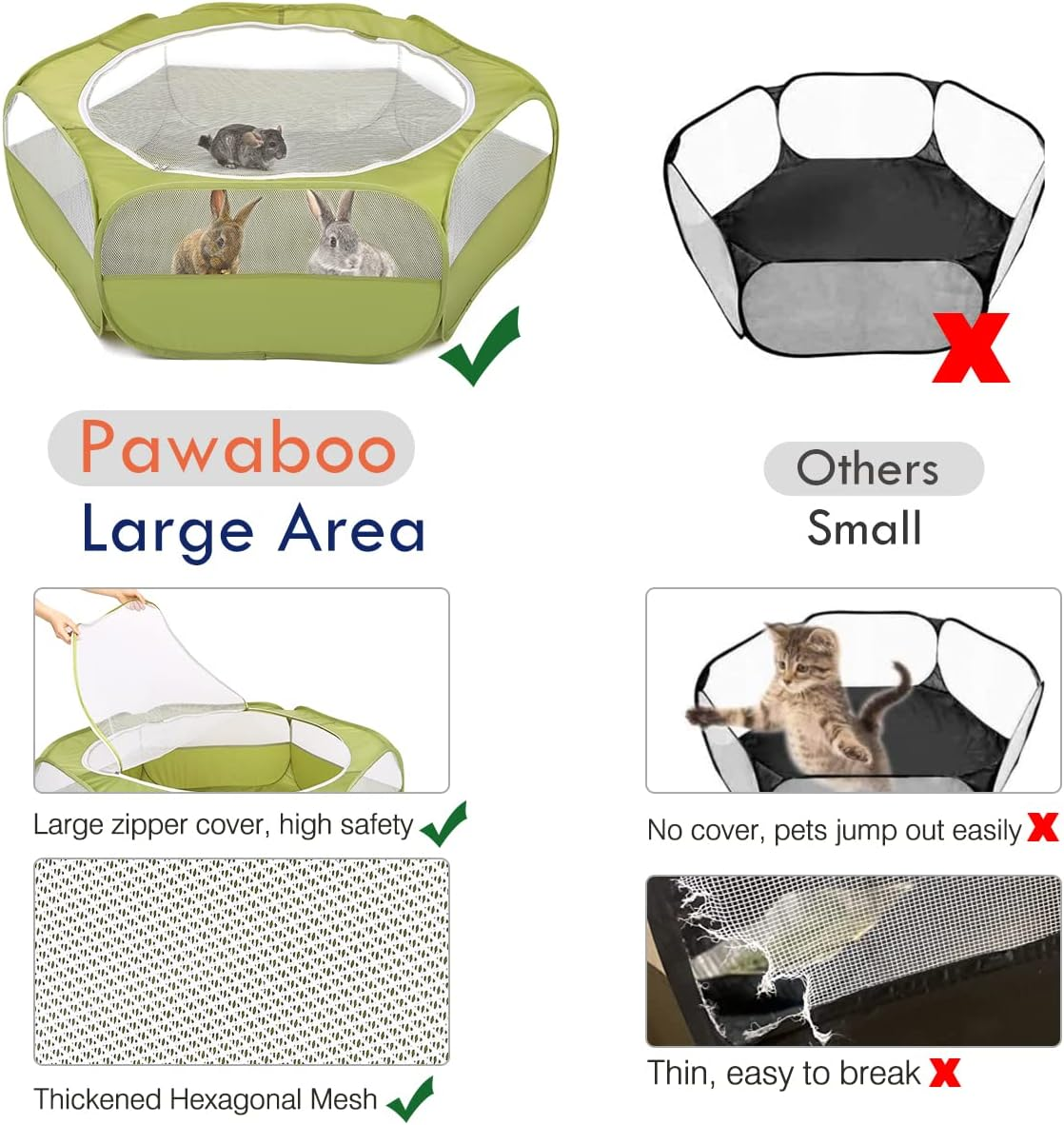 PAWABOO Small Animals Playpen, Breathable & Waterproof Small Pet Cage Tent with Zippered Cover, Portable Outdoor Yard Fence for Kitten/Puppy/Guinea Pig/Rabbits/Hamster/Chinchillas, Avocado Green image number 1