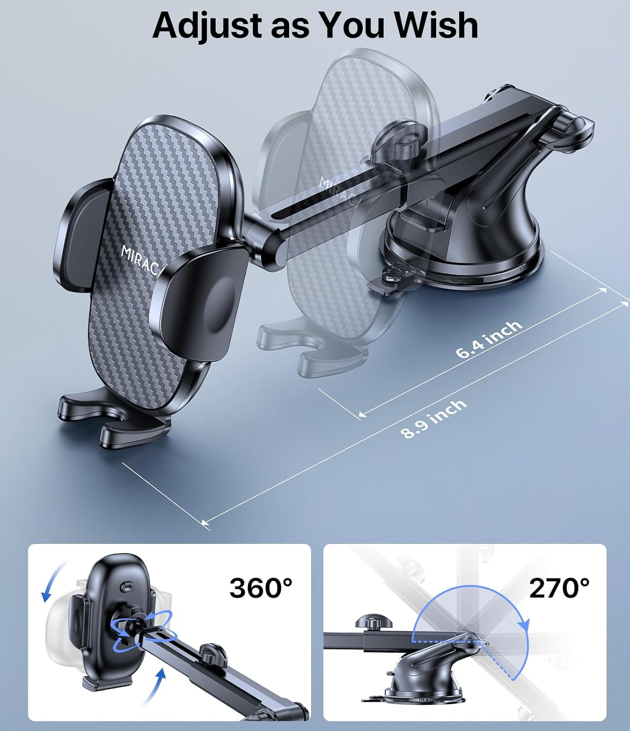 Miracase Car Phone Holder [2025 Strong Suction Cup] for Car Dashboard Windscreen Desk, 3In1 Car Phone Mount 360&deg; Rotatable Stand for Iphone 17 16 15 Pro Max 14 13 12 Samsung All Smartphones in 4.7-7" image number 2