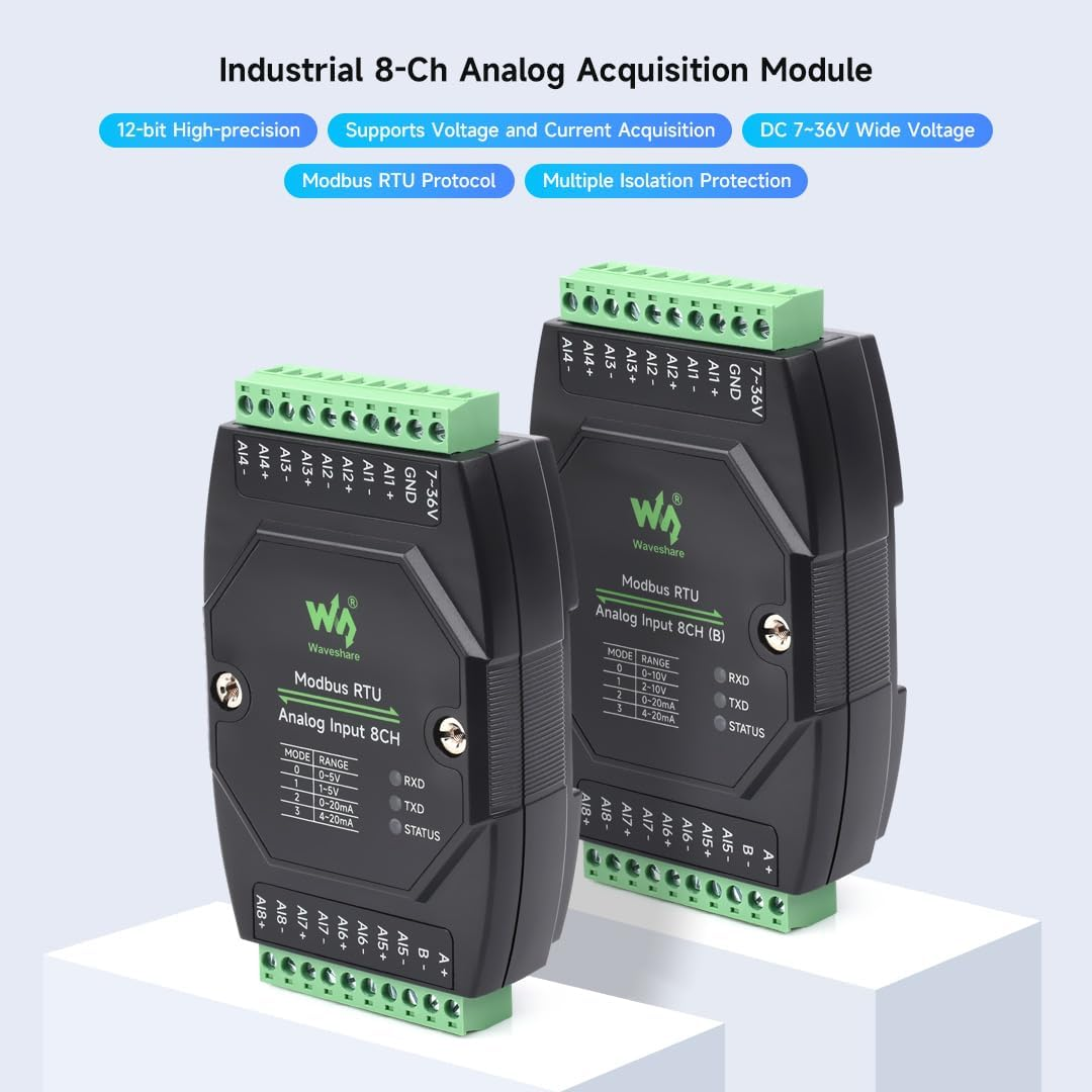 Waveshare Industrial 8-Ch Analog Acquisition Module, 12-Bit High-Precision, Supports Voltage and Current Acquisition, DC 7~36V Wide Voltage Power Supply, 8-Ch Current Mode, 0~20Ma image number 1