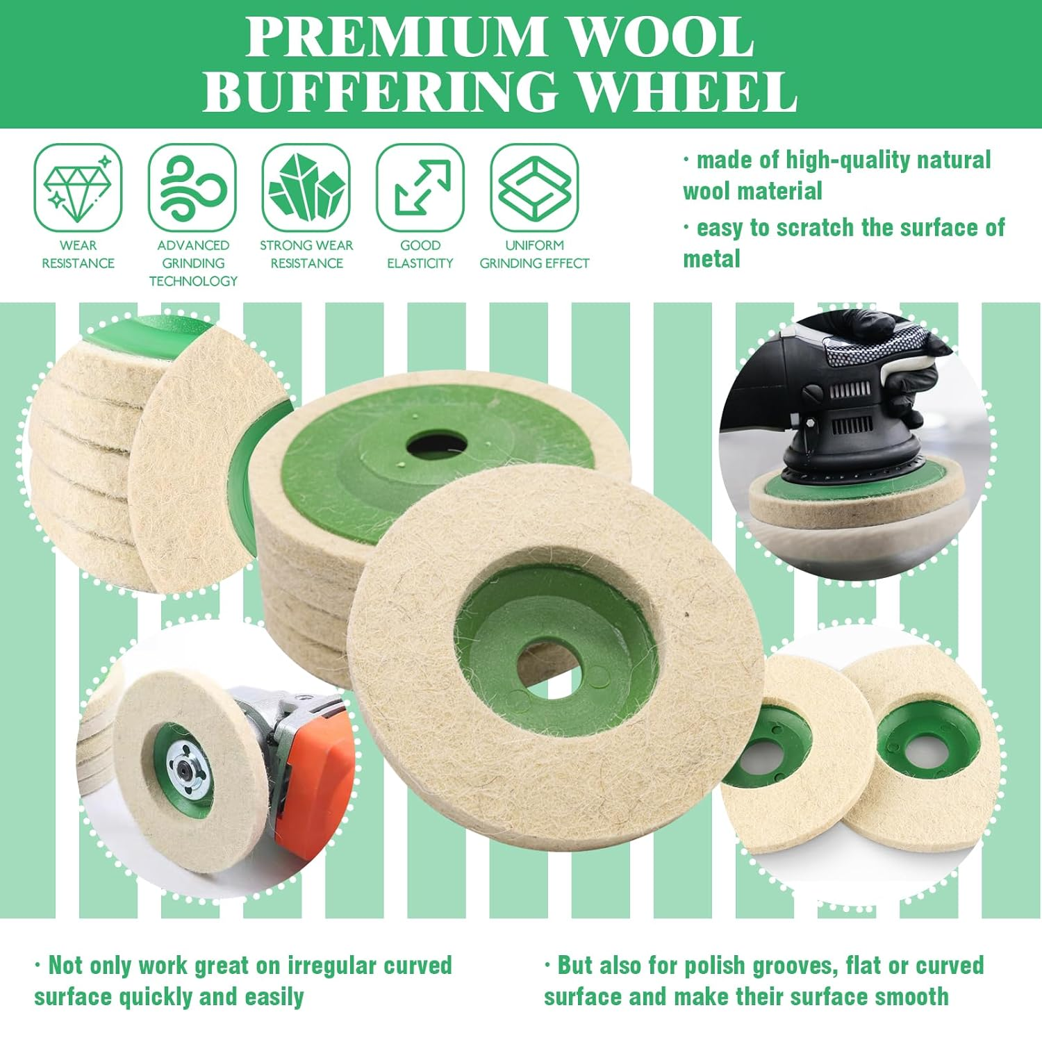15Pcs 4 Inches Wool Felt Disc Wheel Pad for 5/8" Arbor Angle Grinder, Buffing Polishing Wheel for Metal Aluminum,Stainless Steel, Chrome, Jewelry, Wood, Plastic, Ceramic, Glass image number 6
