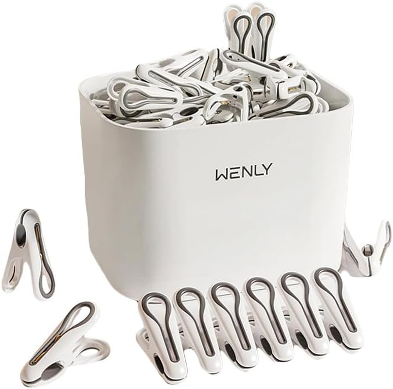 AIMALL 24 PCS Non-Marking Clothes Hanging Clips - Windproof Anti-Slip Hosiery Clips with Storage Basket for Home, Dormitory, and Household Use