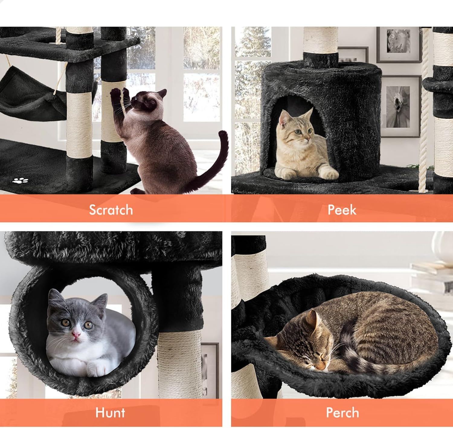 BEASTIE Cat Tree 141Cm Tall, Multi-Level Wood Scratching Post Tower with Scratcher Pole Condo House for Furniture Protecting, Black Colour - Grey image number 3