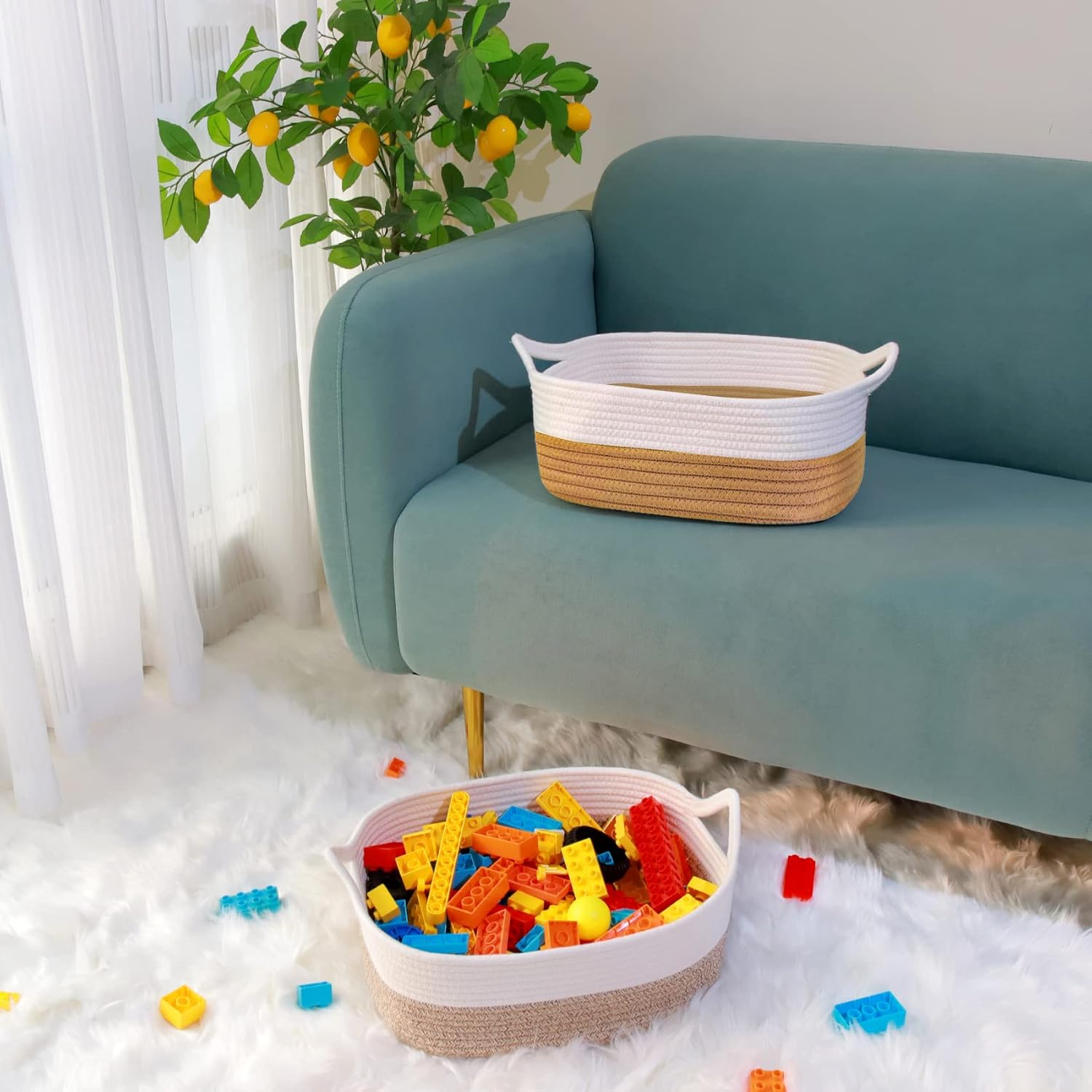 Abenkle Small Storage Basket with Handles, Cotton Rope Woven Dog Cat Toy Bin, Decorative Shelves Closet Organizing for Nursery Laundry Bedroom Bathroom, 14.2''X 11''X 5.1''