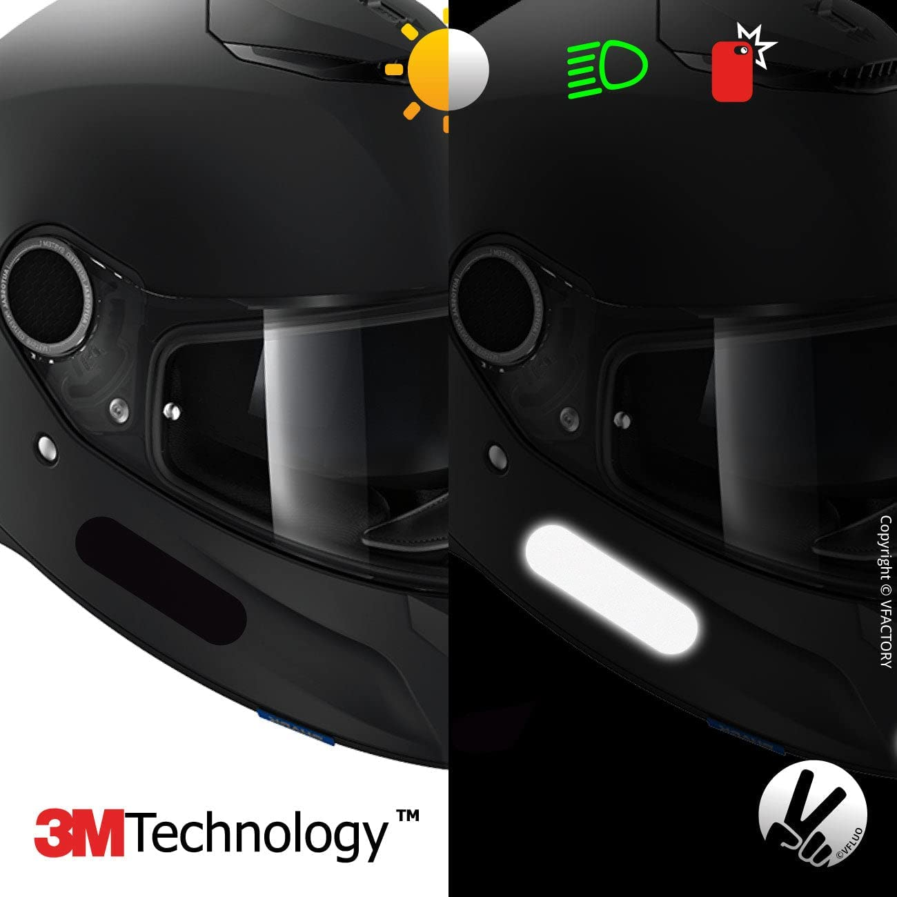 VFLUO - Kit 4 Retro Reflective Stripes Stickers for Mortorcyle Helmet - Stickers Approved to FR Dimension - High Visibility, 3M&trade; Technology - Discreet and Design - Maximum Grip - Set of 4