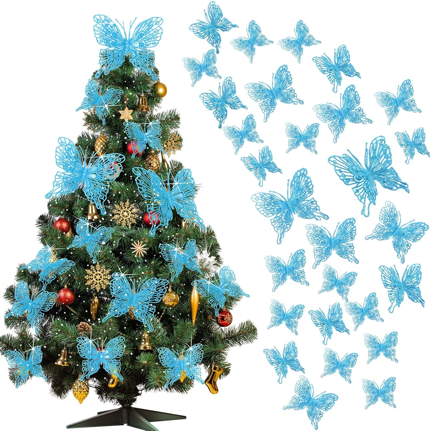 Charniol 36 Pcs 3 Size Christmas Tree Butterfly Decorations Glitter Hollow Butterfly Ornaments Hanging Decorations with Clips for Holiday Crafts Christmas Tree (Blue)
