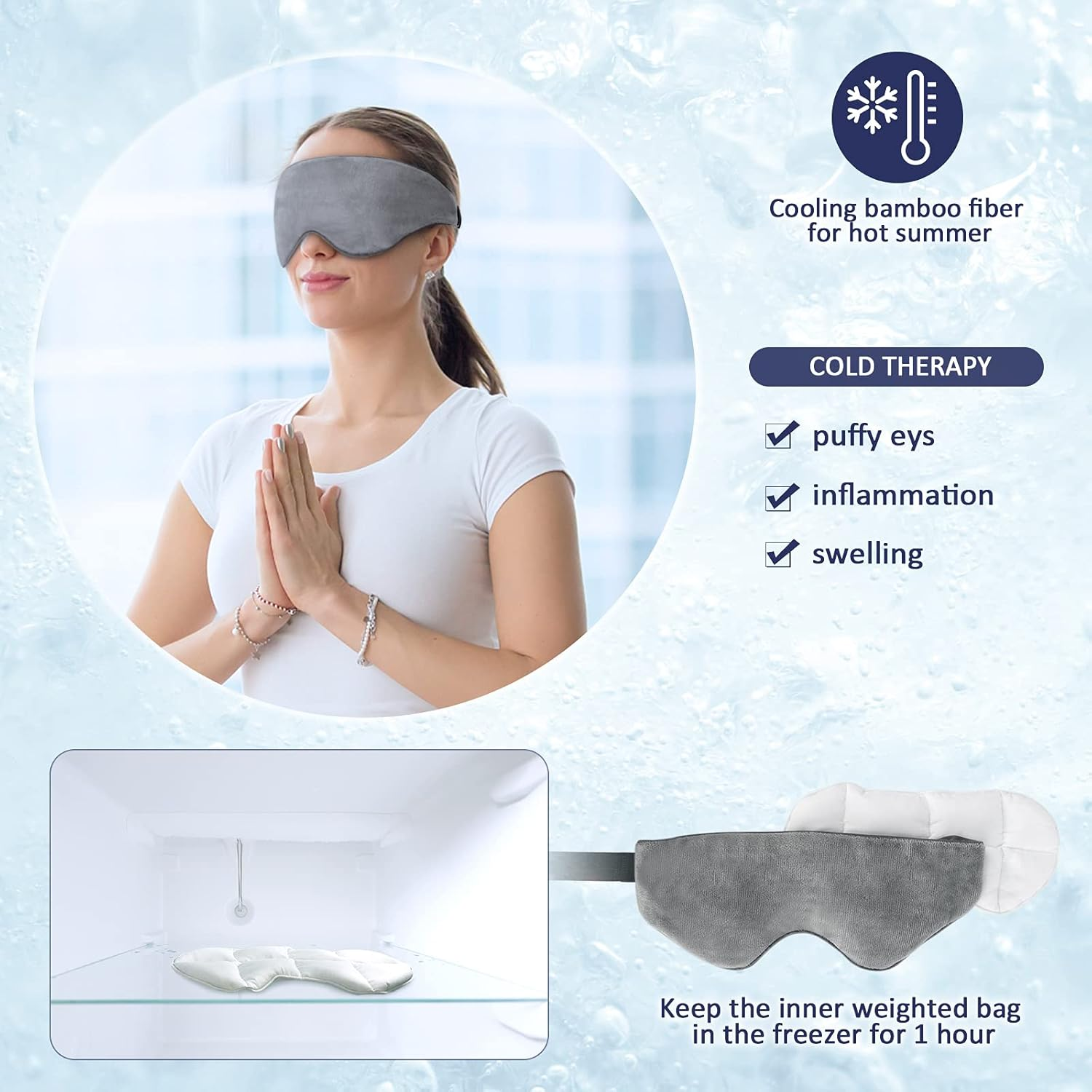 Kivik Weighted Sleep Mask for Men Women Adjustable Strap,Cooling Heat Therapy Compression Pain Relief Sleeping Blindfold with Silica Beads Bag Eye Pillow for Travel Yoga Nap,Gray image number 6