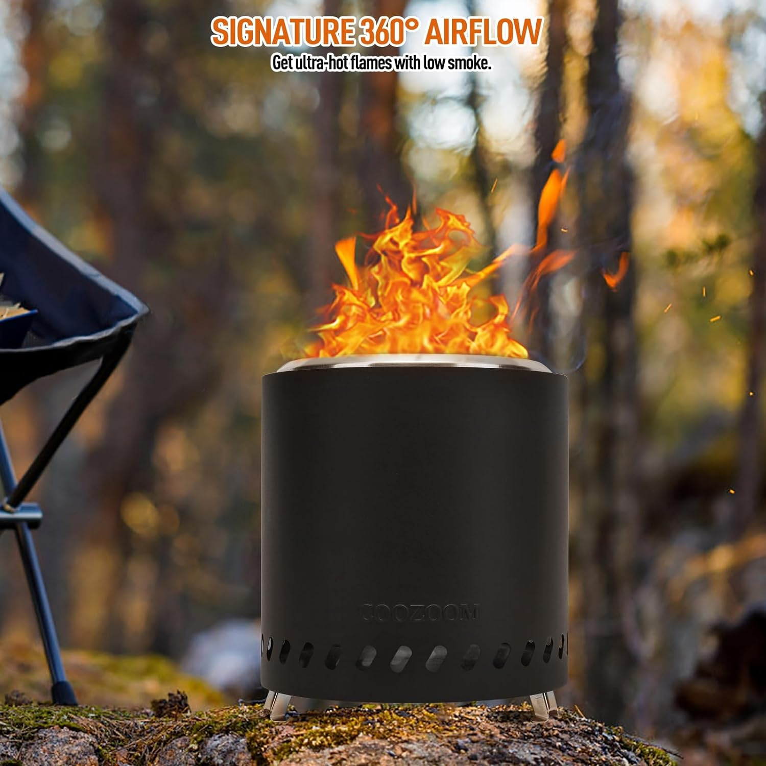 Portable Table Top Fire Pit with Stand, 8.6" Stainless Steel Mini Outdoor Low Smoke Burning Tabletop Firepit Fueled by Pellets or Wood, for outside Camping Black