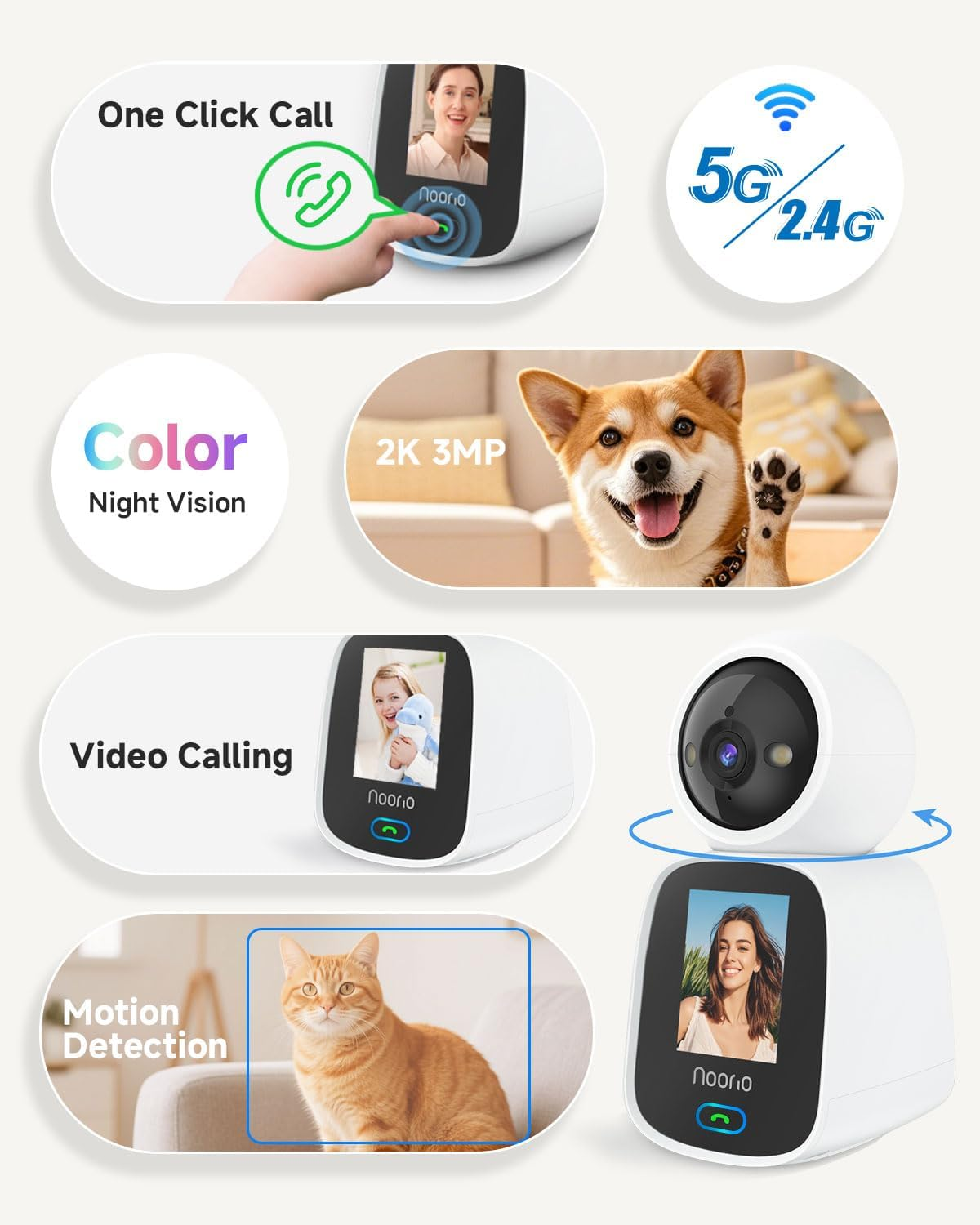 Noorio 2-Way Video Calling Camera, One Click Call 2K Security Camera Indoor, 360&deg; Pan/Tilt Pet Cam with Phone App, Color Night Vision Baby Monitor/Dog/Pet, CL200 image number 3
