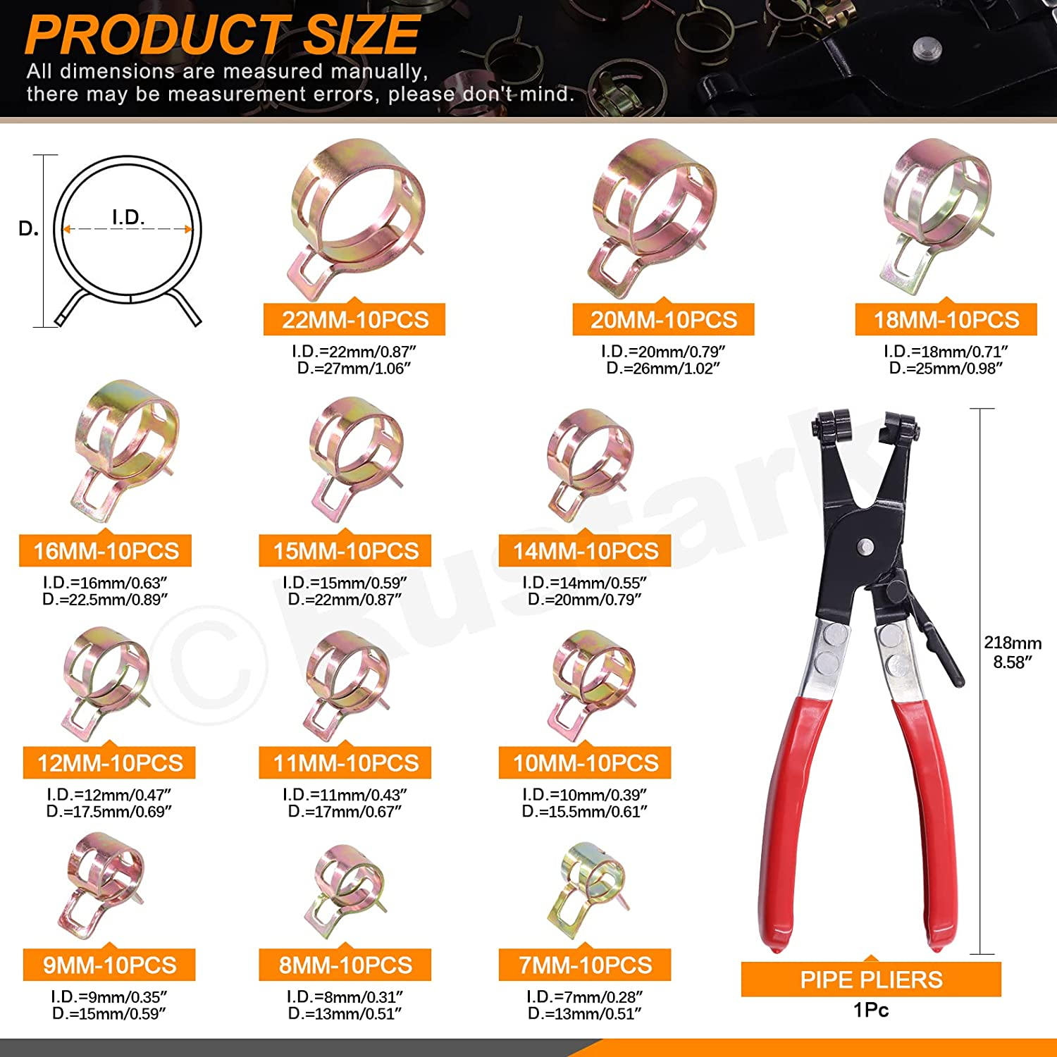 Rustark 121Pcs 12 Different Sizes 7-22Mm Spring Band Hose Clamps with Spring Clamp Pliers Assortment Kit, Fuel Line Silicone Vacuum Hose Pipe Clamp Low Pressure Air Clip Clamps Fasteners image number 3