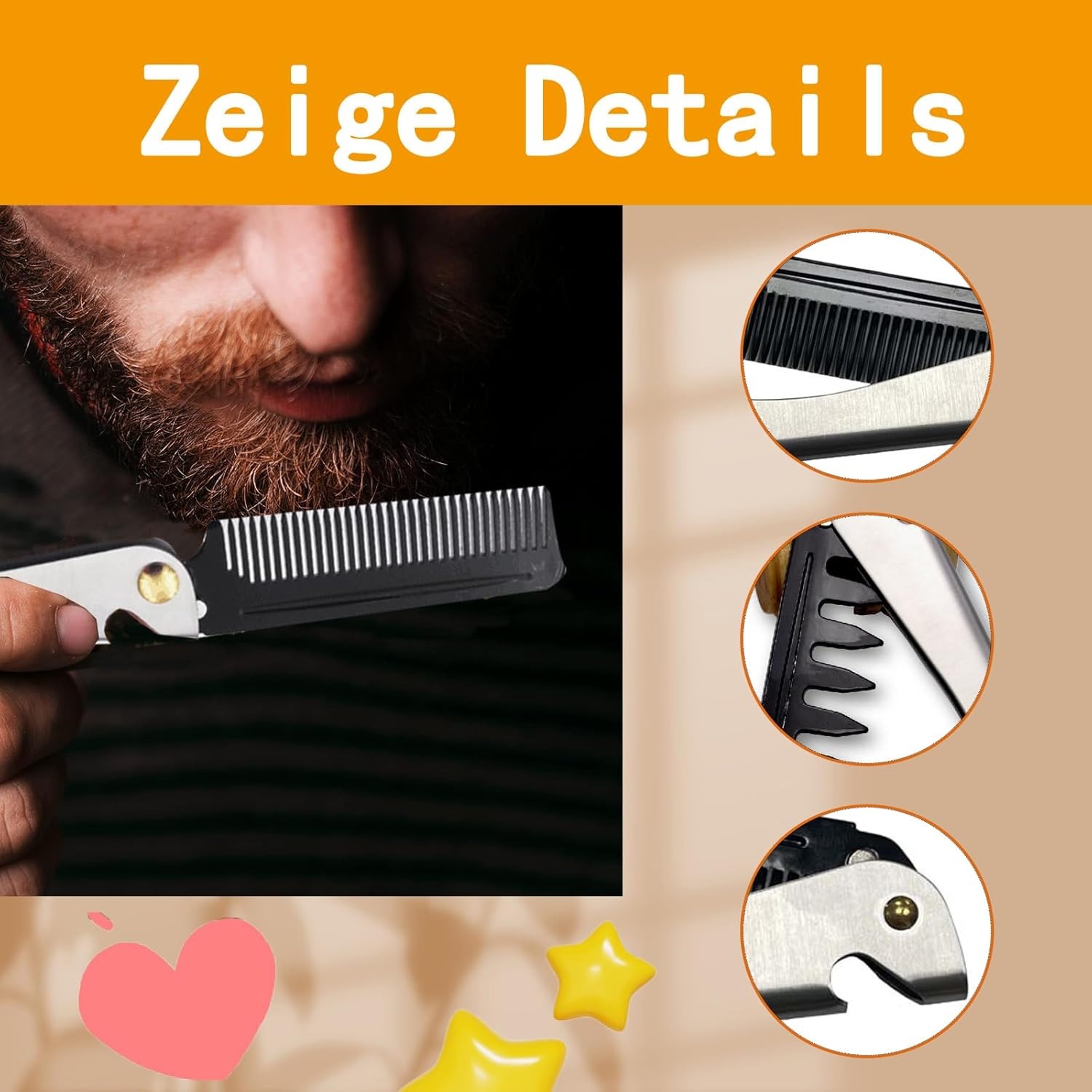 Cozevdnt 2 Pieces Foldable Beard Comb, Stainless Steel Hair Comb, Moustache Shape Comb for Grooming and Combing Hair, Beards and Moustaches image number 1