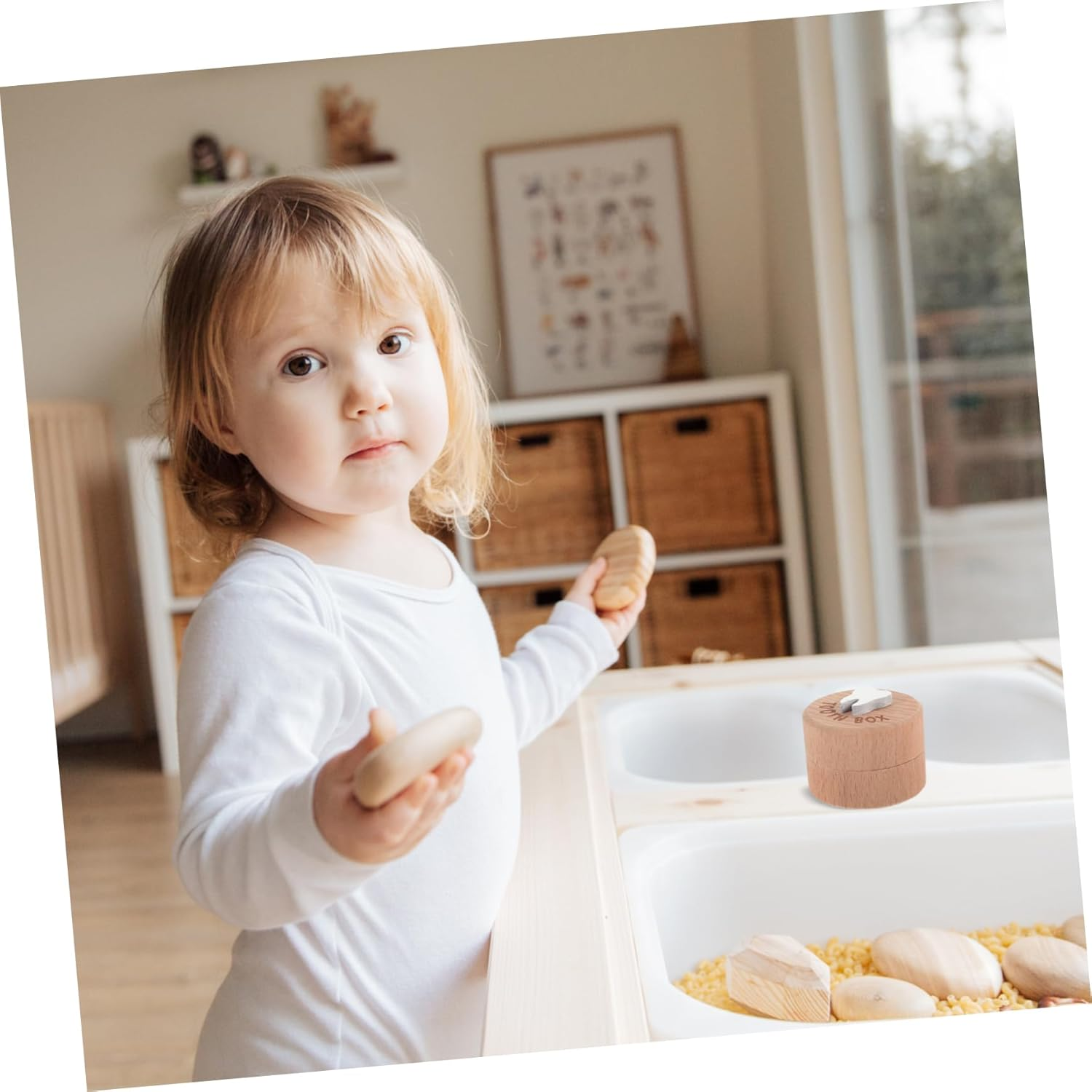 ERINGOGO Baby Tooth Keepsake Box Wooden Trinket Container 5Cm Diameter 3.5Cm Height Portable Milk Teeth Organizer for Boys and Girls Fetal Hair Storage image number 3