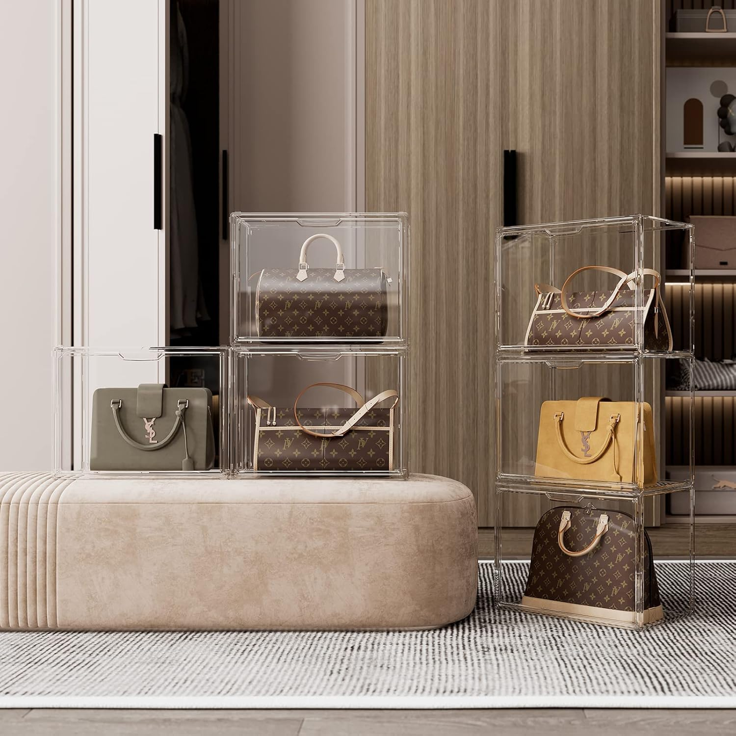 2 Pack Purse Storage Organiser, Acrylic Display Handbag Storage Case for Closet, Clear Plastic Stackable Storage Boxes Bag Organizer with Magnetic Door for Wallet image number 1