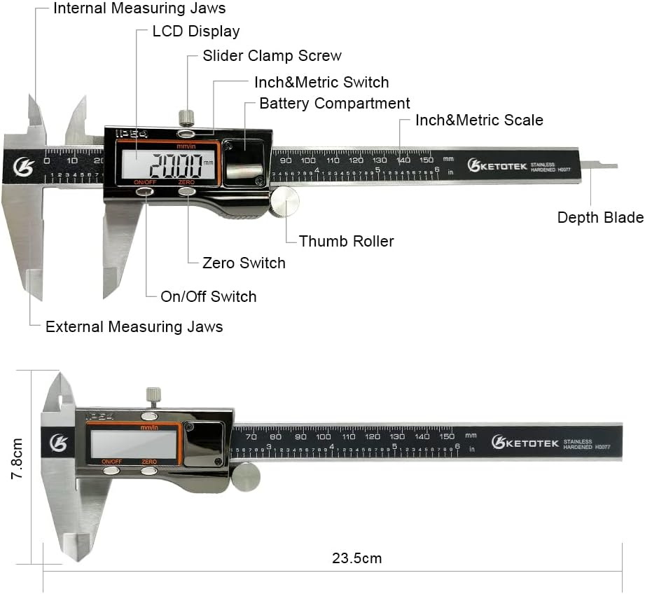KETOTEK Digital Caliper Measuring Tool, IP54 Waterproof Stainless Steel Electronic Vernier Caliper 6 Inch/150Mm Digital Micrometer with Large LCD Screen image number 4