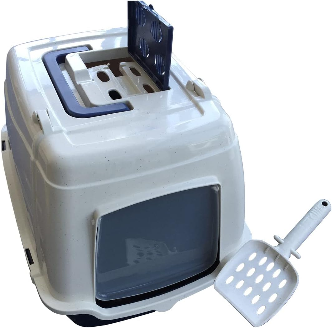 Front Open Portable Hooded Cat Toilet Litter Box Tray House with Handle & Scoop image number 3