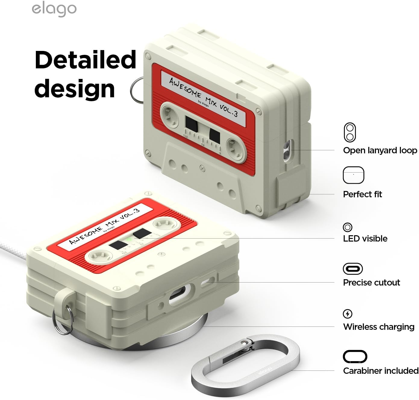 Elago Cassette Tape Case Compatible with Airpods Pro 3 Cover - Carabiner Included, Supports Wireless Charging, Shock Resistant, Full Protection, Headphone Accessories (Classic White) image number 6