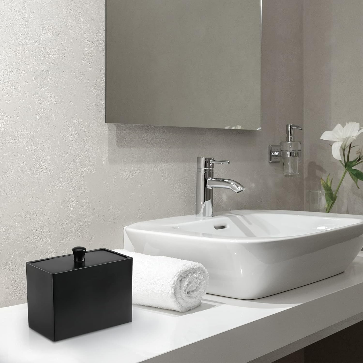 Luxspire Cotton Swab Holder, Qtip Holder Dispenser with Lid, 2 Compartments Cotton Ball Organizer, Bathroom Container, Q Tip Jar, Floss, Bathroom Accessories - Matte Black - Matte Black image number 3