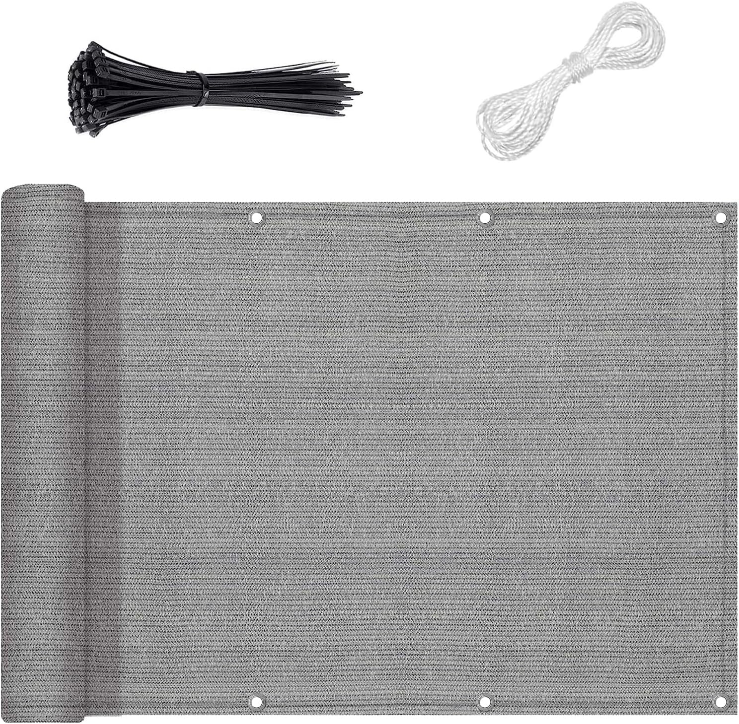 Balcony Privacy Screen, 0.9 X 5M Weather Resistant Woven Balcony Windscreen, Pre-Opened Outdoor Balcony Net Fence Mesh for Lanyard (Grey) - Black image number 4