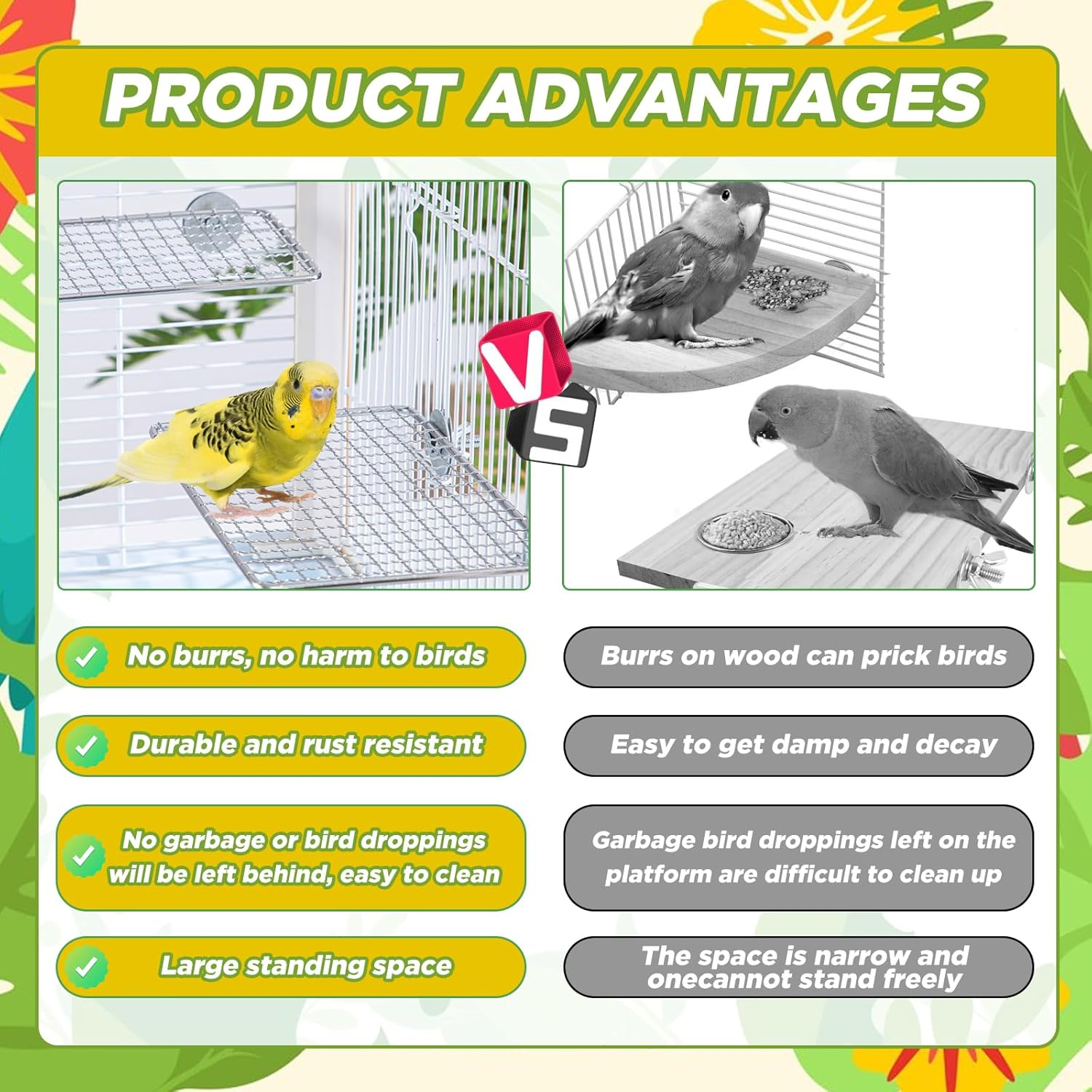 SUSOO 2 Pcs Stainless Stee Bird Perches Platform for Bird Cage Accessories,Birds-Safe Bite Resistant Shelves and Easy Clean Bird Shelf Stand for Parrots, Conures, Cockatiel, Budgie and Love Birds image number 5