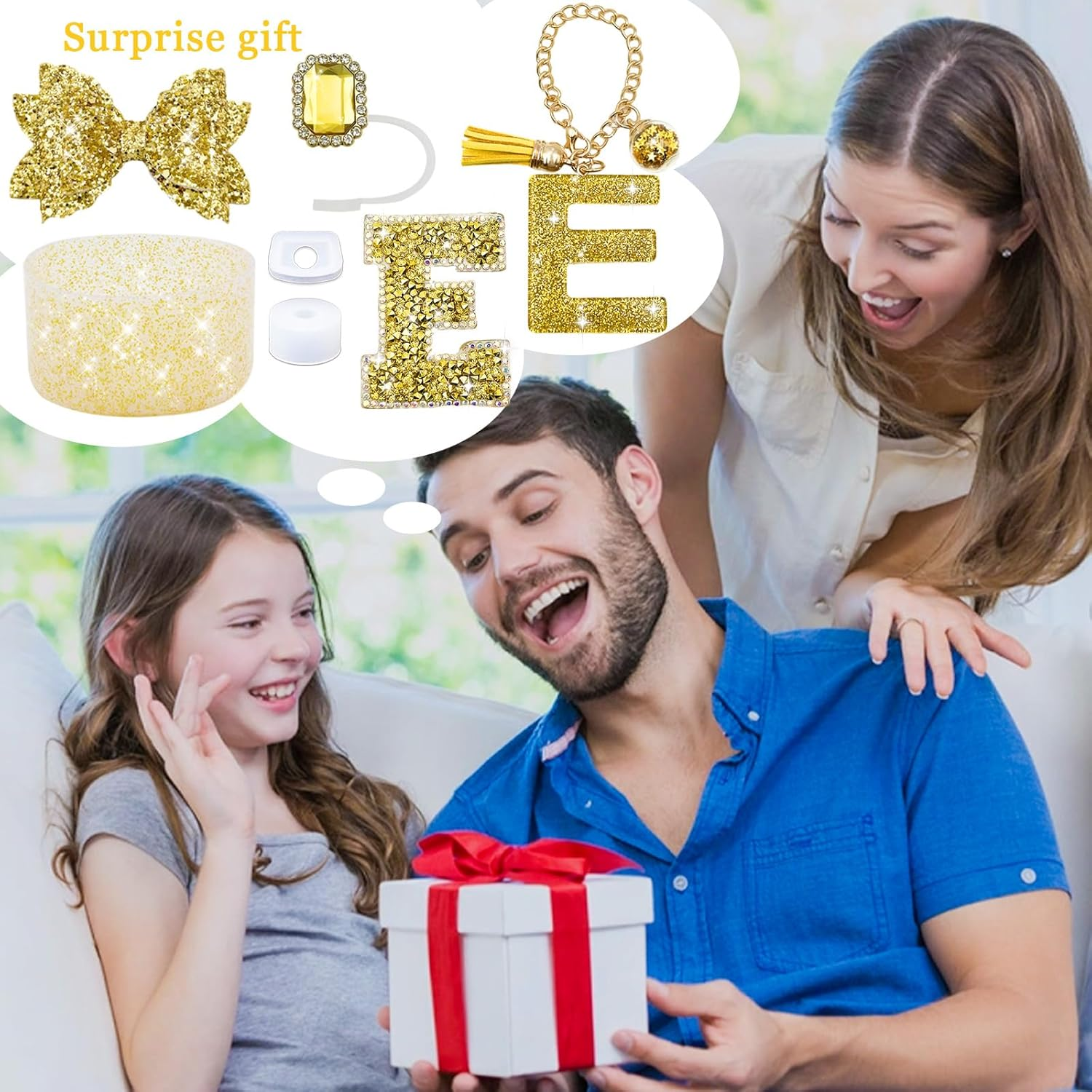 7PCS Bling Stanley Cup Accessories for 30Oz & 40Oz Tumbler with Handle,Including Initials Charms,Straw Bow Decorate,Straw Topper Cover,Boot,Spill Proof Stoppers,Initials Sticker (Gold E) - Gold C image number 2