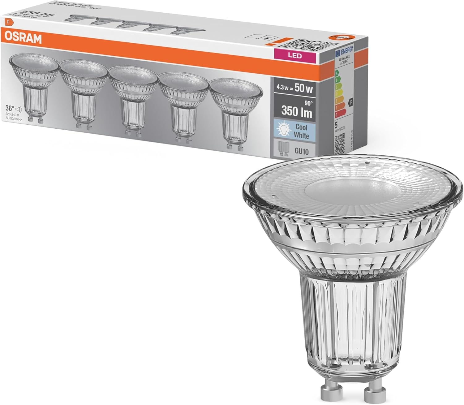OSRAM LED Base LED Lamp with GU10 Base, 4.3 W, 350 Lumens, Cool White Light at 4000 K, 50 Mm Diameter, EEK F, Clear Lead-Free Glass, Shock and Vibration Resistant, Ideal for Spot Lighting