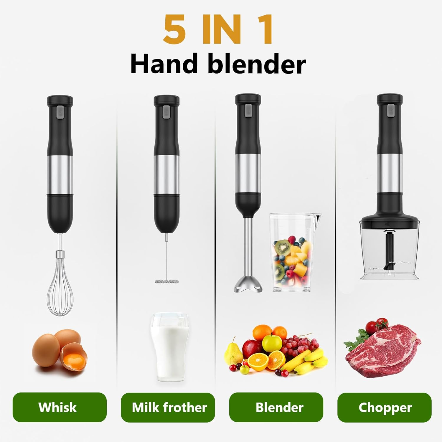 WHUTO Cordless Immersion Hand Blender, 5-In-1 Variable Speed Blender Handheld,Rechargeable with 2000Mah Battery, Bpa-Free & Dishwasher-Safe Accessories:700Ml Beaker,Chopper,Whisk & Milk Frother,Black image number 1