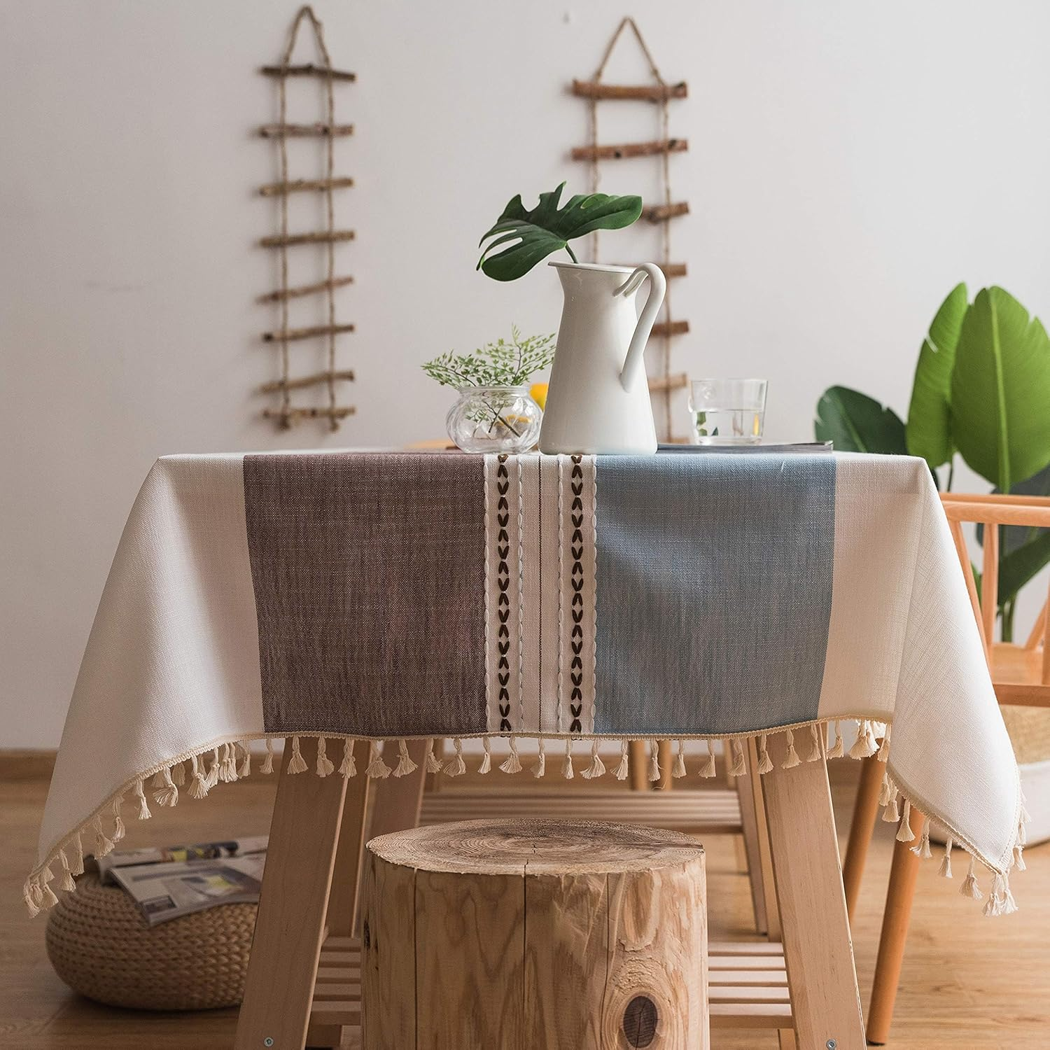 Colorbird Stitching Tassel Tablecloth Heavy Weight Cotton Linen Dust-Proof Table Cover for Kitchen Dinning Tabletop Decoration (Round, 60 Inch, Grey)