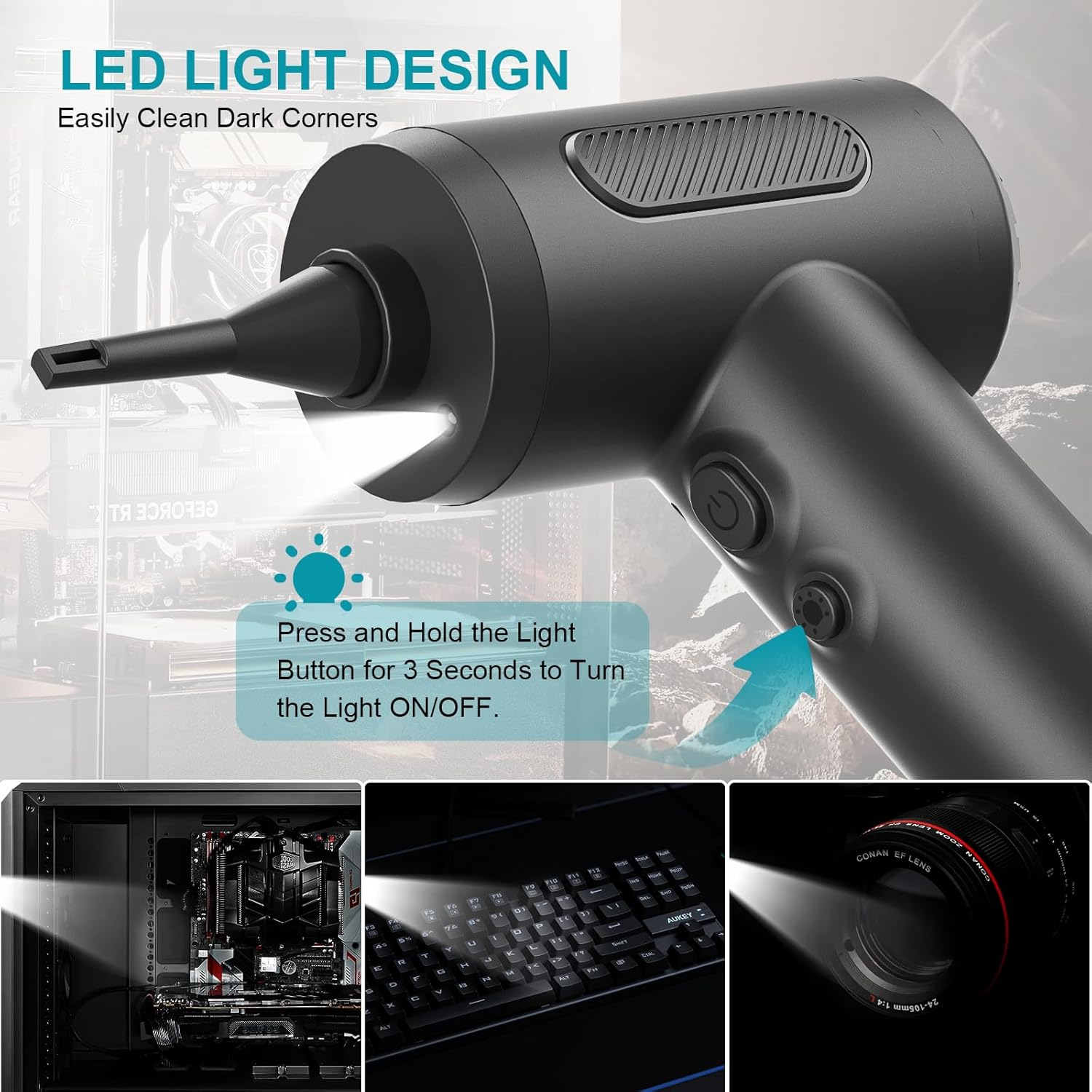 Compressed Air Duster, Rechargeable Electric Air Duster for PC with Led Light, 3 Speeds Max 91000RPM Cordless Air Blower for Keyboard Laptop Car Office Sofa image number 4