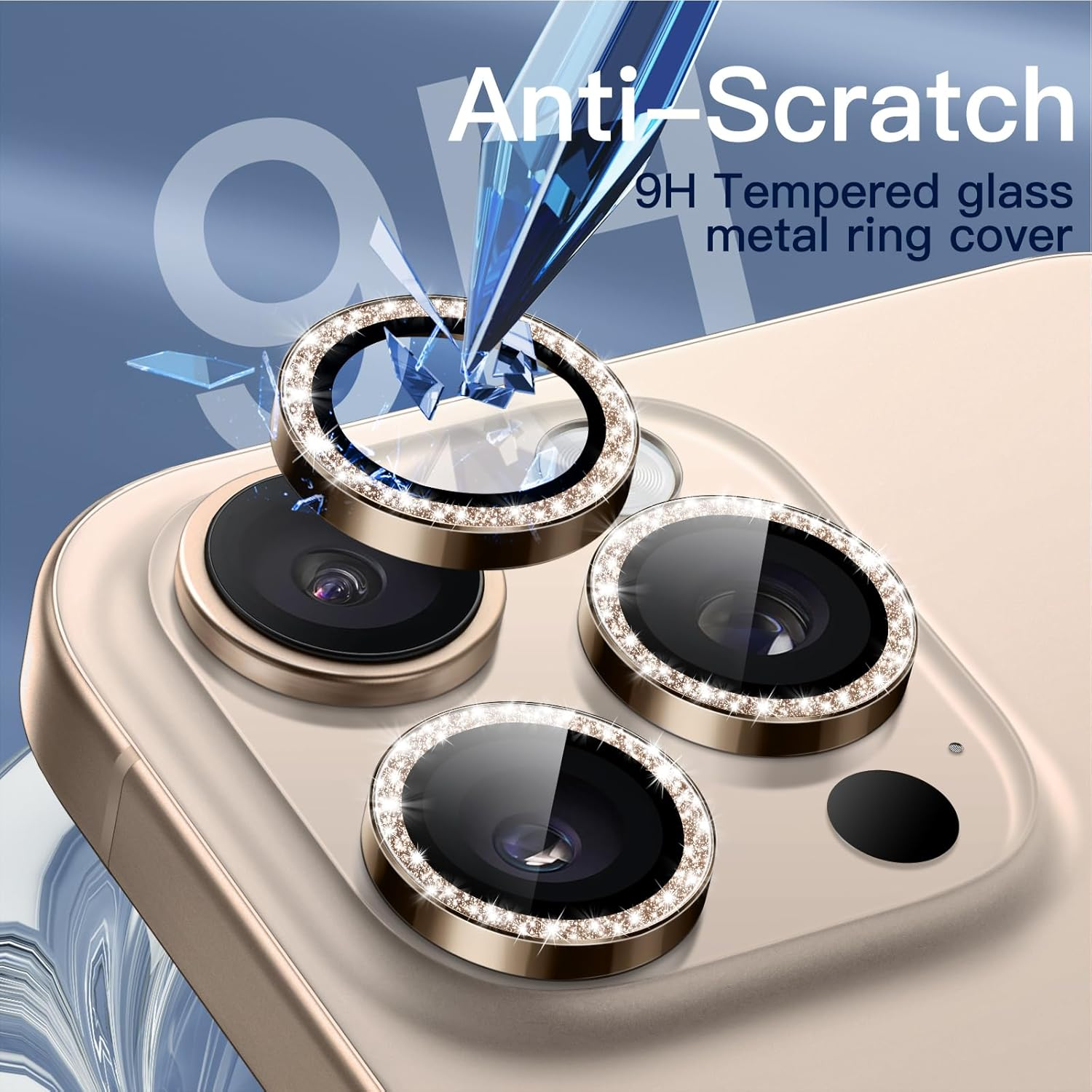 Jetech Camera Lens Protector for Iphone 16 Pro 6.3-Inch and Iphone 16 Pro Max 6.9-Inch, Bling Glitter Individual 9H Tempered Glass Metal Ring Cover, HD Clear, 1 Set (Desert Titanium) image number 3