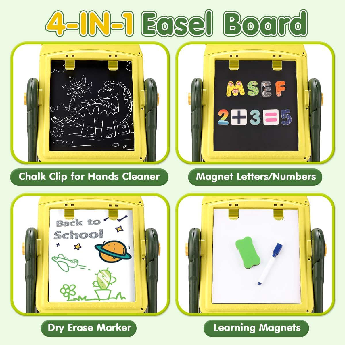 Qizebaby Kid Easel，4 in 1 Rotatable Double Sided for Kids，Adjustable Standing Toddler Toy with Magnetic & Chalk ，Dinosaur Toy for Baby 3 4 5 6 Years Old Boys & Girls image number 3