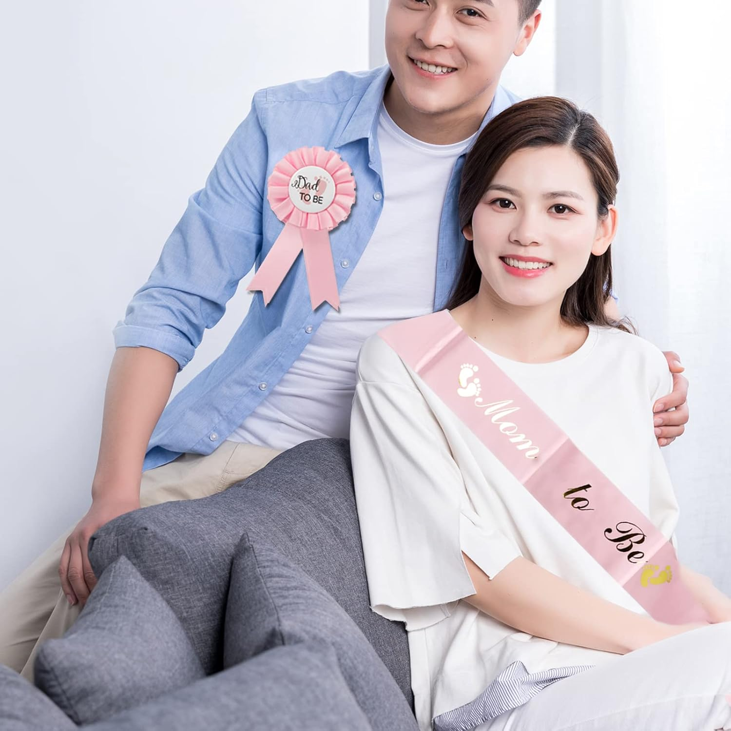 2 Packs Baby Shower Decorations Pink Mom Sash and Dad Tinplate Badge Baby Welcome Party Gifts image number 3