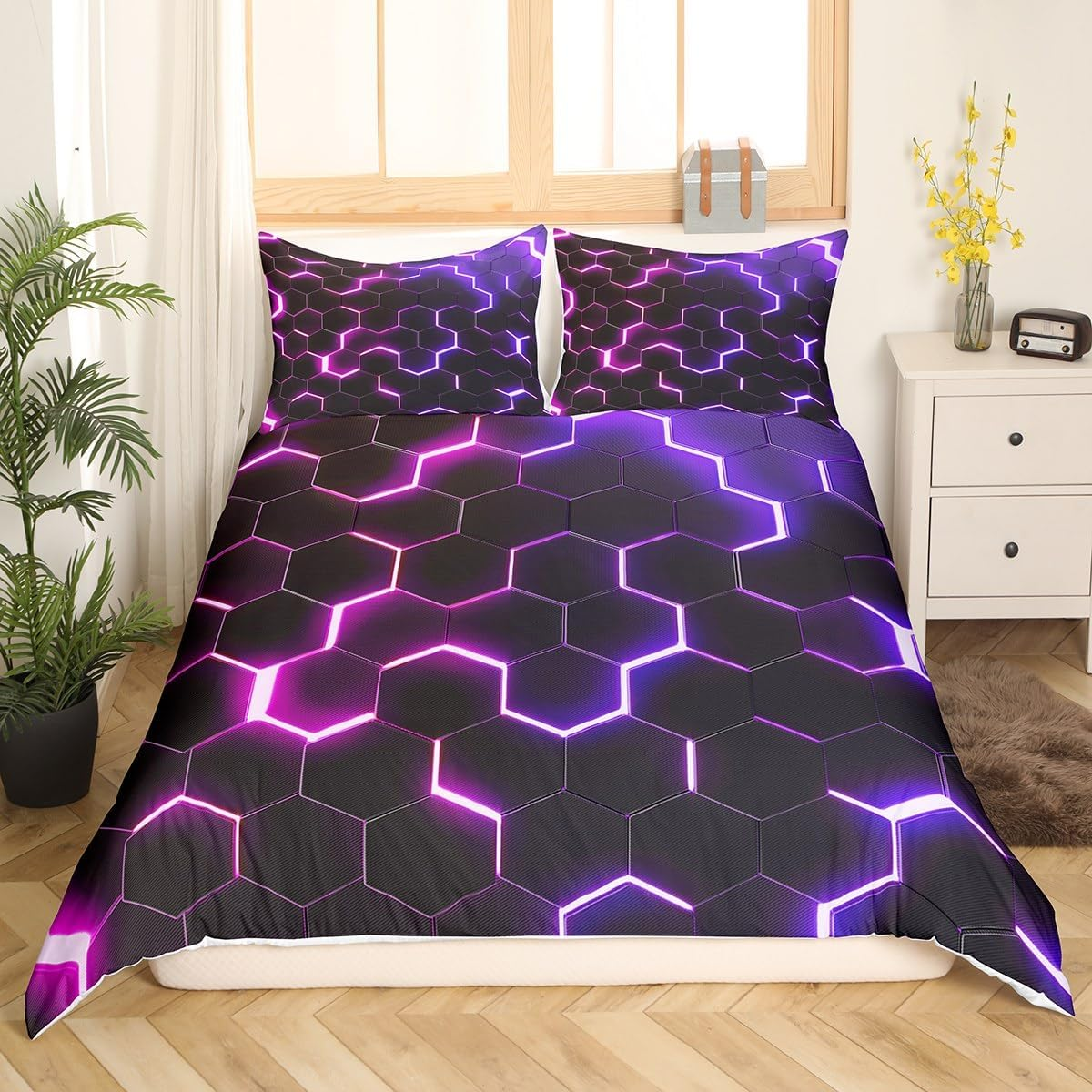 Feelingyou Honeycomb Duvet Cover S Size, Hexagon Pink Purple Neon Lights Comforter Cover Set for Boys Girls, 3D Bedding Quilt Cover Set Bedroom, 2 Pieces image number 6