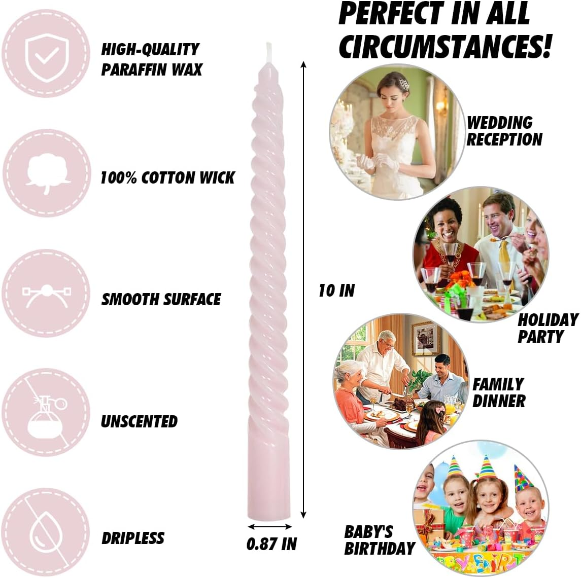 6 Pack 10 Inch Pale Pink Spiral Taper Candles for Holiday Home Decoration, Unscented Dripless Twisted Candlesticks for Dinner Party Wedding Baby Shower and Easter image number 5