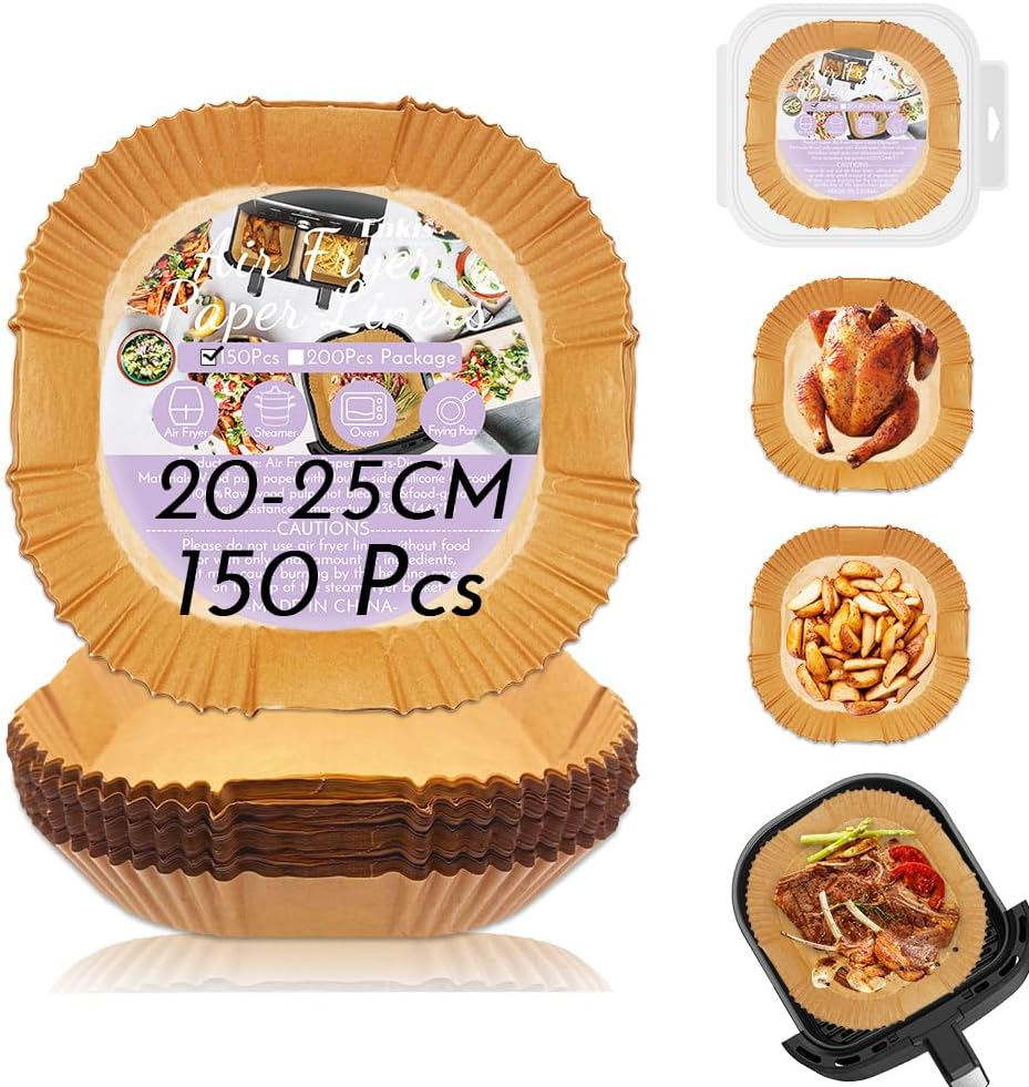Enkis Air Fryer Liners, 150Pcs Air Fryer Paper Liners Square-9.8Inch/25Cm*4.5Cm, Non-Stick Air Fryer Parchment Liners, Air Fryer Disposable Paper Liner for 5L-7.5L Air Fryer (Large-25Cm) image number 4