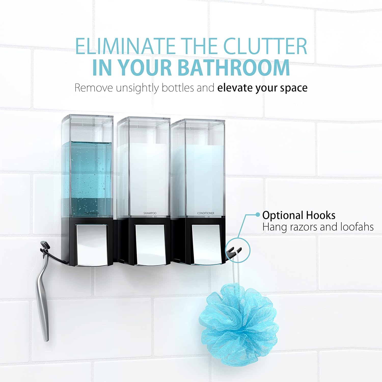 Better Living Products 77384 Clever Soap and Shower Triple Dispenser, Black/Chrome image number 5