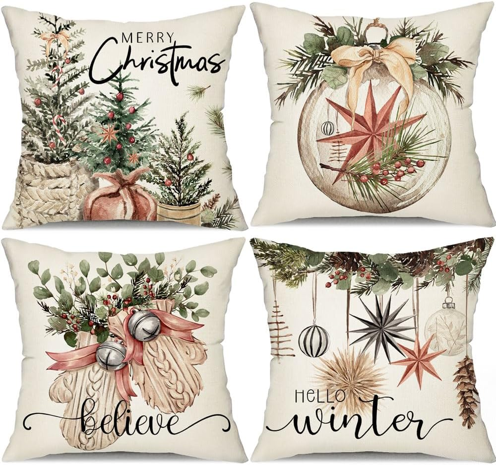 DFXSZ Christmas Pillow Covers 18X18 Inch Set of 4 Christmas Tree Gloves Hello Winter Decorative Throw Pillow Covers Winter Farmhouse Decoration for Home Couch 134 image number 1