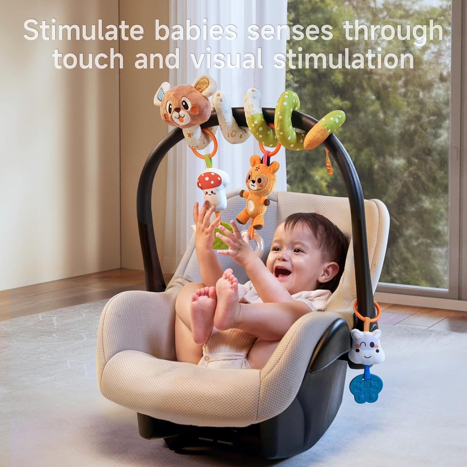 TUMAMA Baby Bear Spiral Activity Toy - Plush Car Seat & Stroller Sensory Stimulating Hanging Toy with Rattles Interactive for Newborn to 0 3 6 9 12+ Months image number 6
