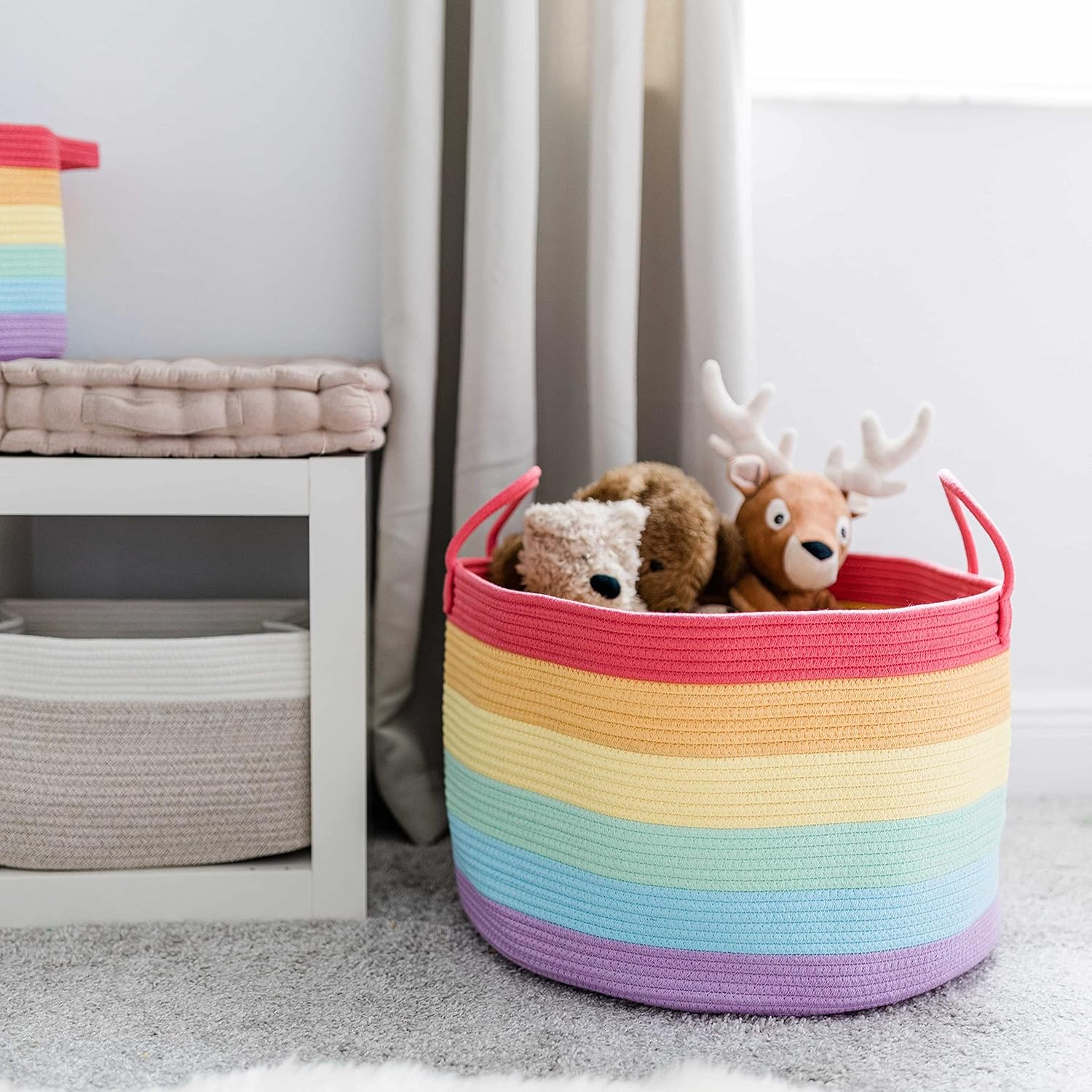 Organihaus Storage Basket for Children'S Room & Living Room, Braided Cotton Basket with Handle, Laundry Hamper for Blankets, Toys, Clothes, Foldable & Stable - 50 X 33 Cm, Rainbow image number 2