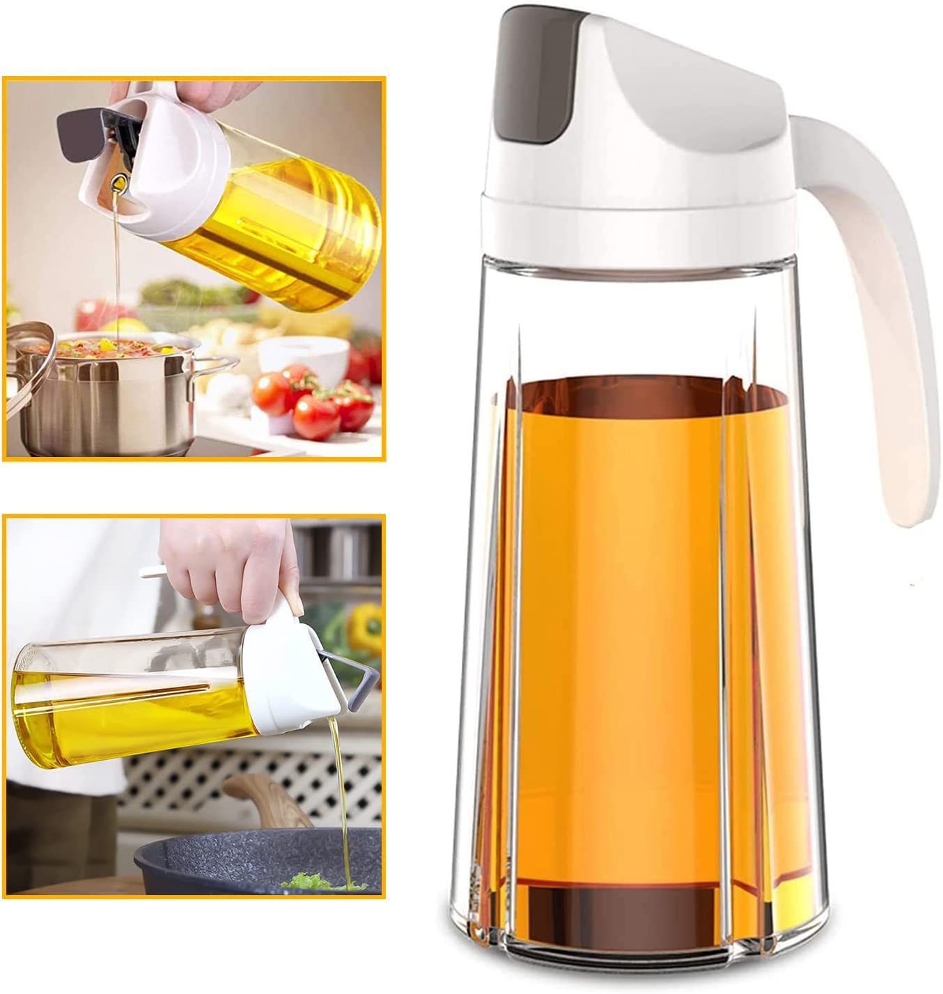 Kimilx Oil Dispenser, Cooking Olive Oil Glass Bottle, 600ML 22OZ White Auto Flip Leakproof Condiment Container, W/Automatic Cap and Stopper for Kitchen Cooking