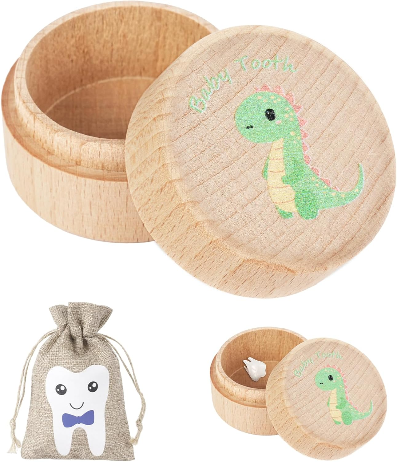 Tooth Fairy Box with Tooth Fairy Bag,Wooden Baby Keepsake Box,Baby Teeth Storage Box for Lost Teeth,Newborn Wood Case for Boys Girls Gift（Fairies）