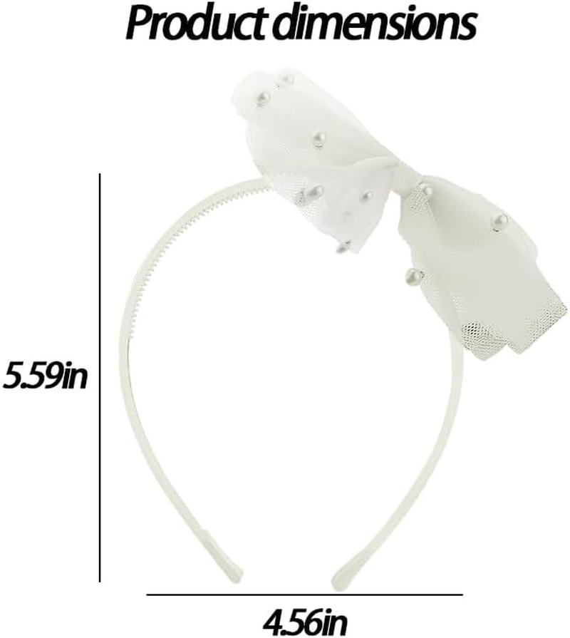 Beige Bow Headband with Pearl for Toddlers Girls Lace Veil Bowknot Hair Hoop Hairband for Girls Hair Bow Accessories Thin Adjustable Headbands No Teeth Big Knotted Bow Hair Band for Kids Girls Women