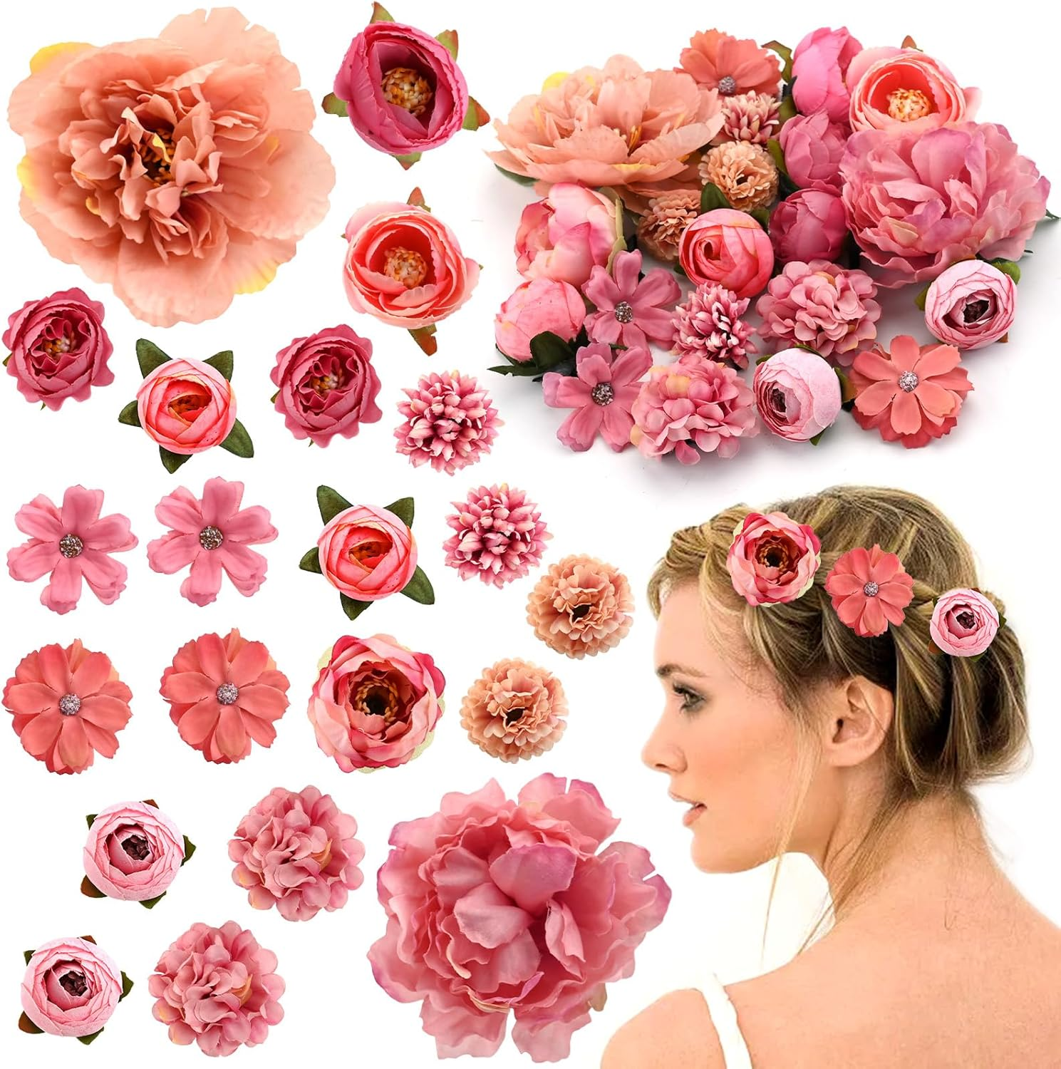 Homiliky Silk Fabric Flower Hair Clips - 21PCS Realistic 3D Rose Hairpins for Women, Multiple Elegant Designs Boho Wedding Beach Party Hair Accessories (Pink Series)