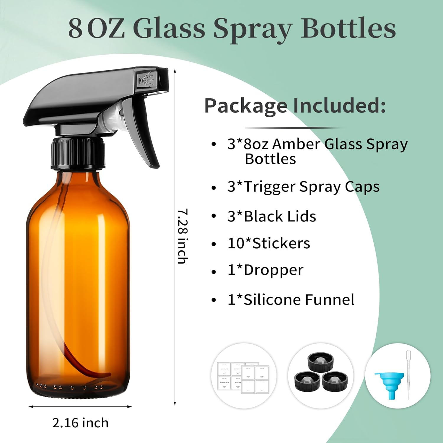 GIVAMEIHF 8Oz Amber Glass Spray Bottles,3 Pack Glass Spray Bottles Refillable Empty Bottle with Adjustable Nozzle,Spray Bottle for Essential Oils,Cleaning Solutions,Pets,Hair Mister,Gardening image number 5