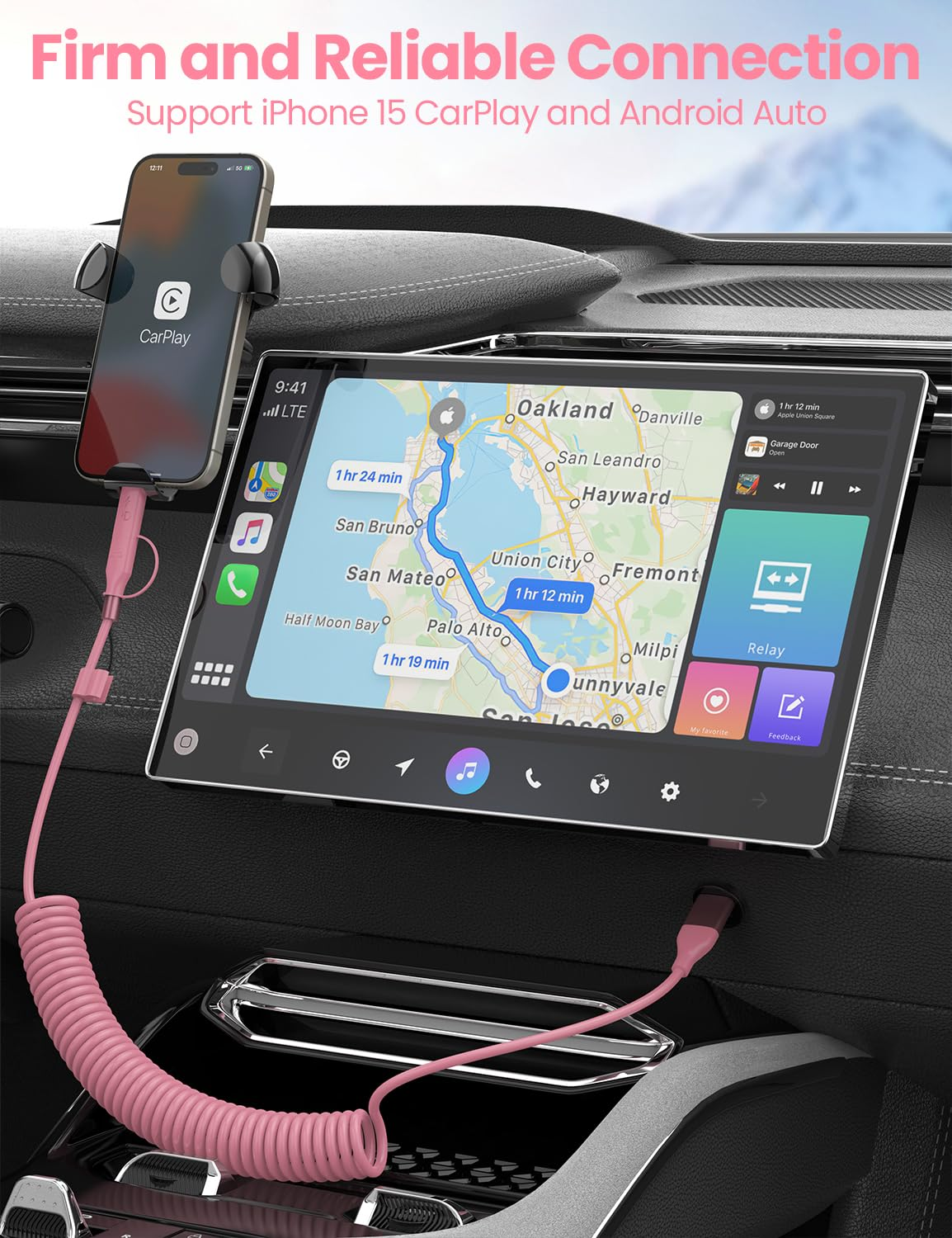 Coiled USB-C and Lightning Cable 2-In-1, Iphone 17 Car Charger Cord, 60W Fast Charging Cable for Iphone 16/15, Samsung Galaxy Supports Apple Carplay & Android Auto 1M (Pink) - Pink image number 6