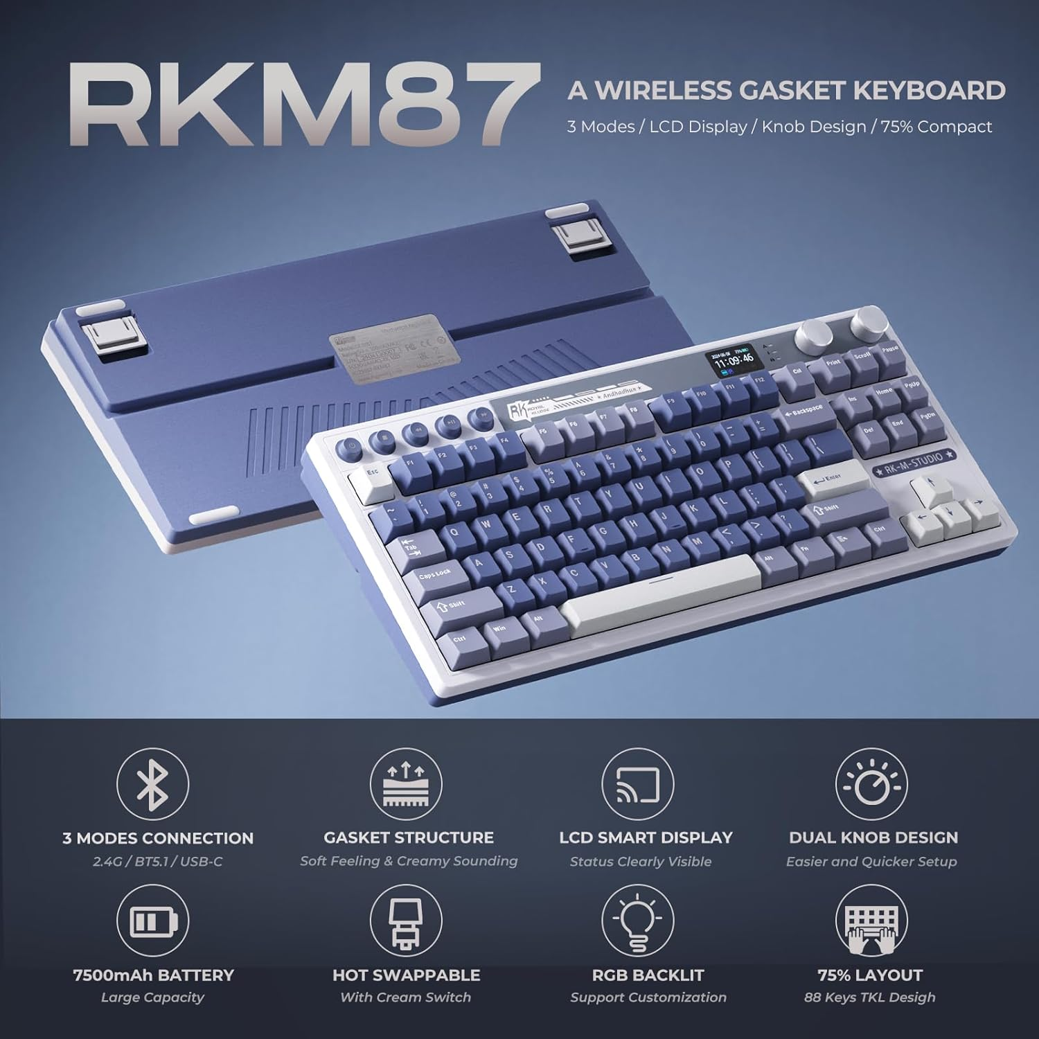RK ROYAL KLUDGE M87 Wireless Gaming Keyboard with Screen and Dual Knob, 75% Percent 2.4Ghz/Bluetooth/Usb-C Gasket Mechanical Keyboard with 7500Mah Battery, RGB Backlit Hot Swappable Cream Switch, Blue